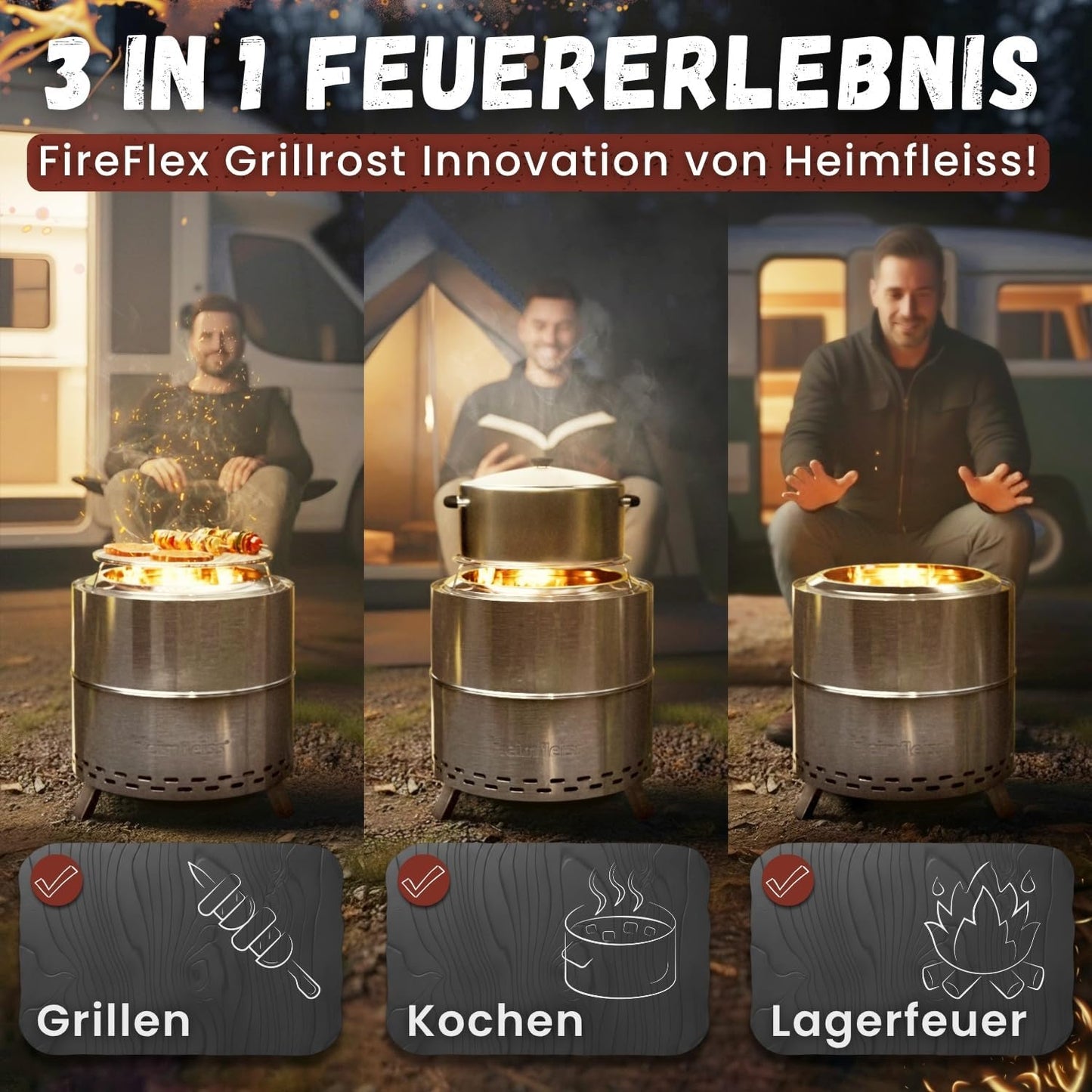 Rauchfreie Feuerschale mit Grillrost, Ø 50 cm Silber