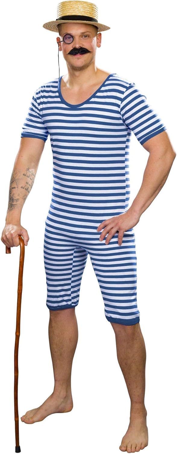 Nostalgischer Herren-Badeanzug im Retro-Stil 20er/30er Jahre, S Blau/Weiss