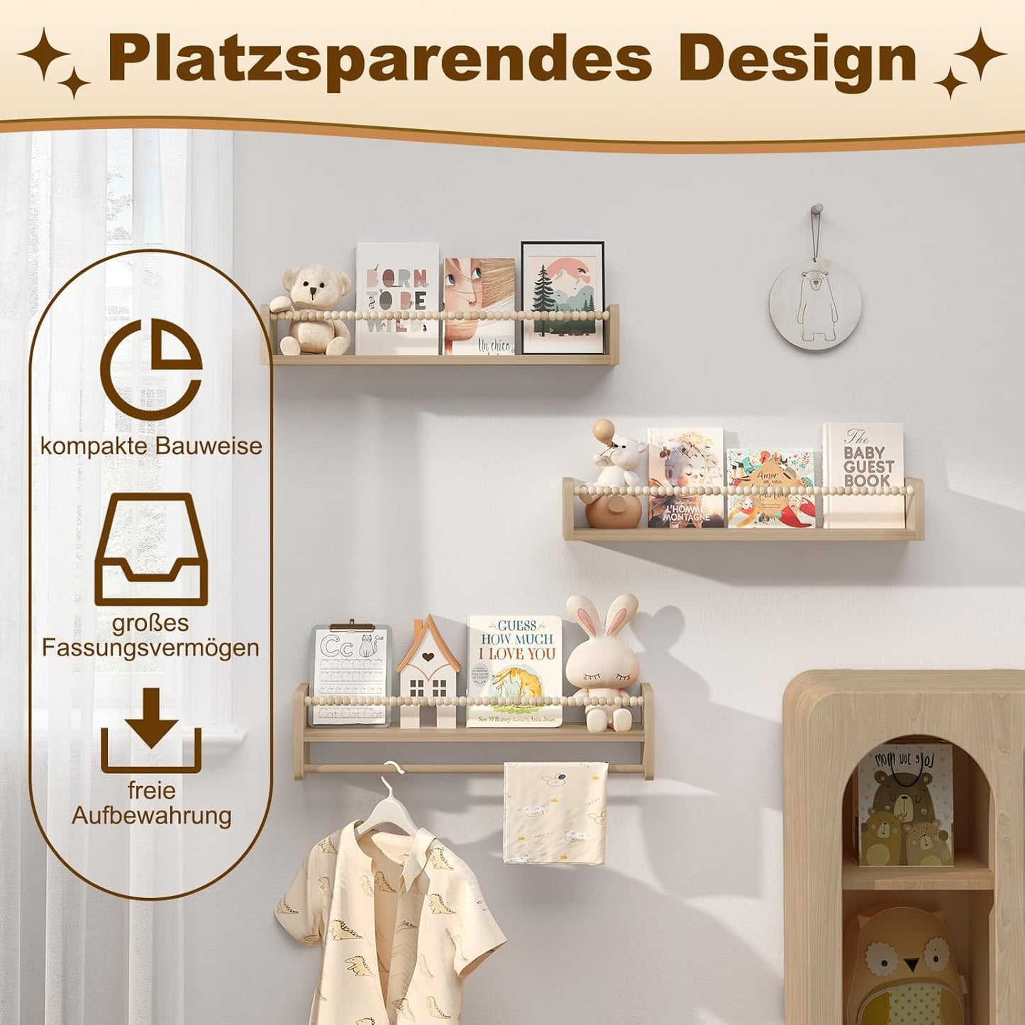 Kinder Bücherregal Wand 3er-Set aus Massivholz, 60 x 15 x 14 cm Naturholzfarbe