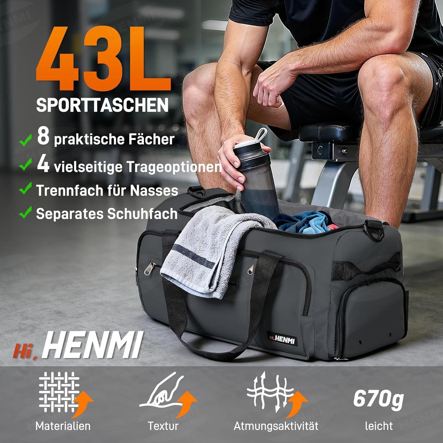 Sport- und Reisetasche mit Schuh- & Nassfach, Grau