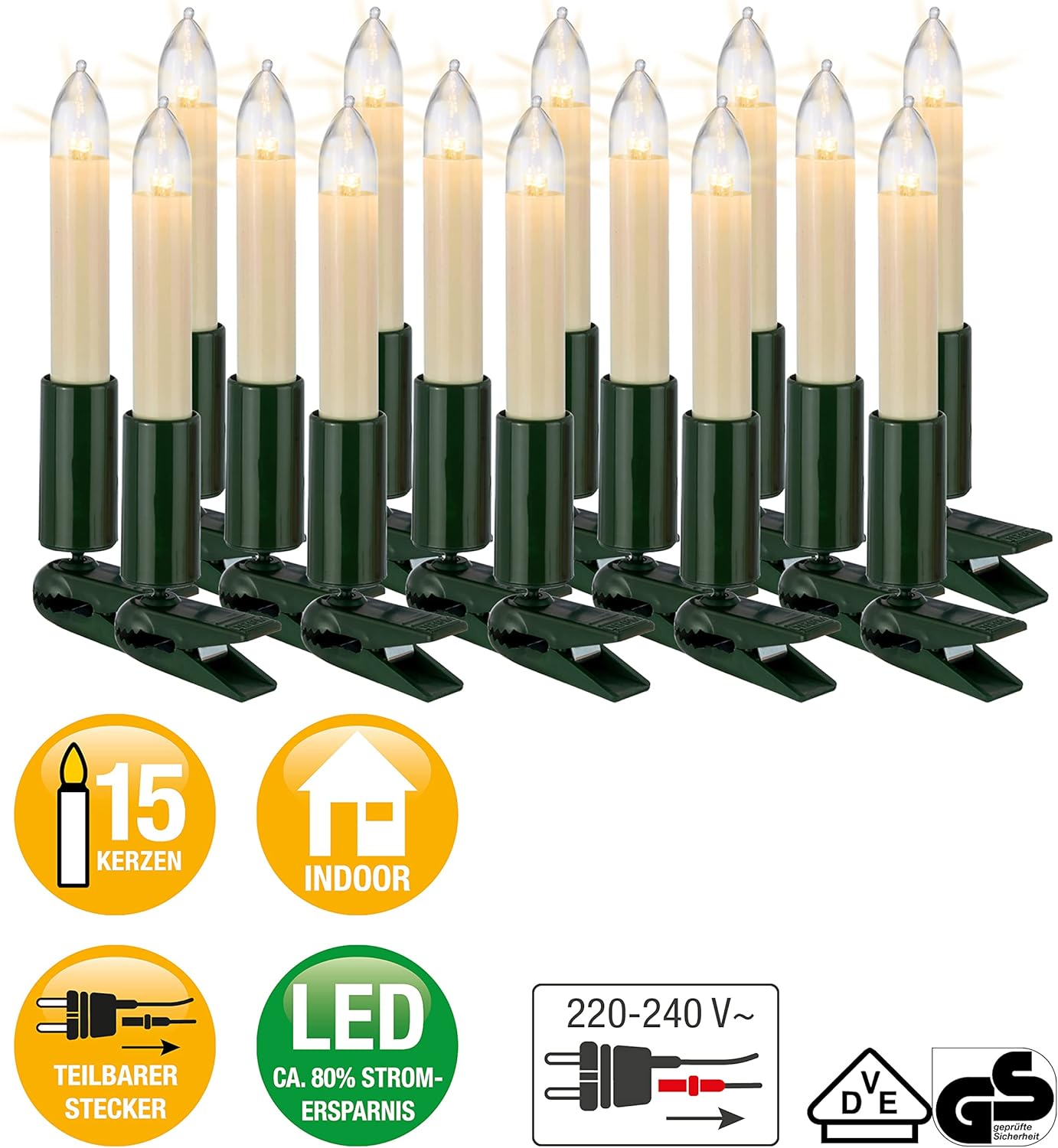 Christbaumbeleuchtung, 15 LED / 9,8m beleuchtet, Ohne Flackereffekt