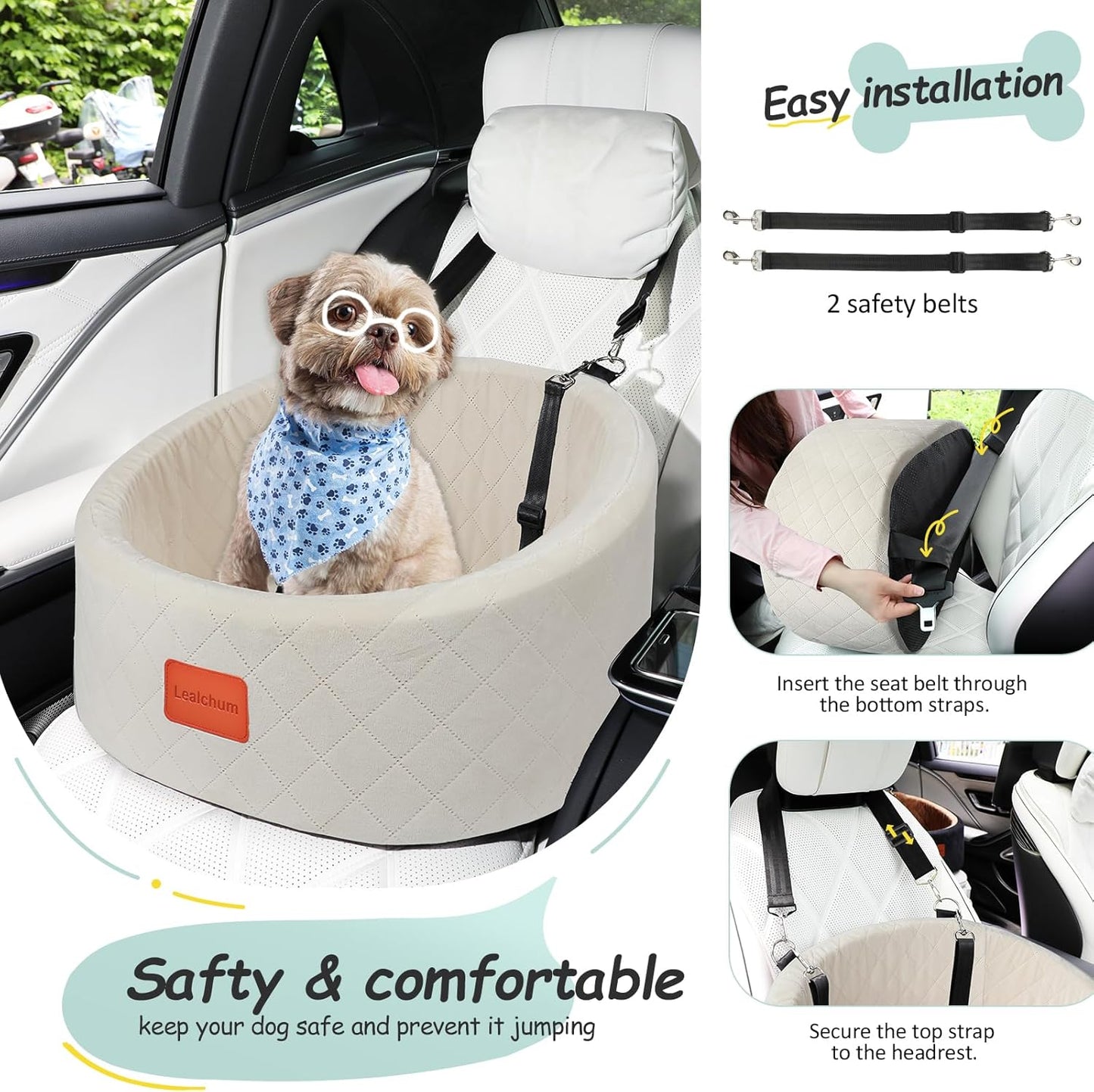 Bequemer Hunde-Autositz mit Sicherheitsleine, Beige Small