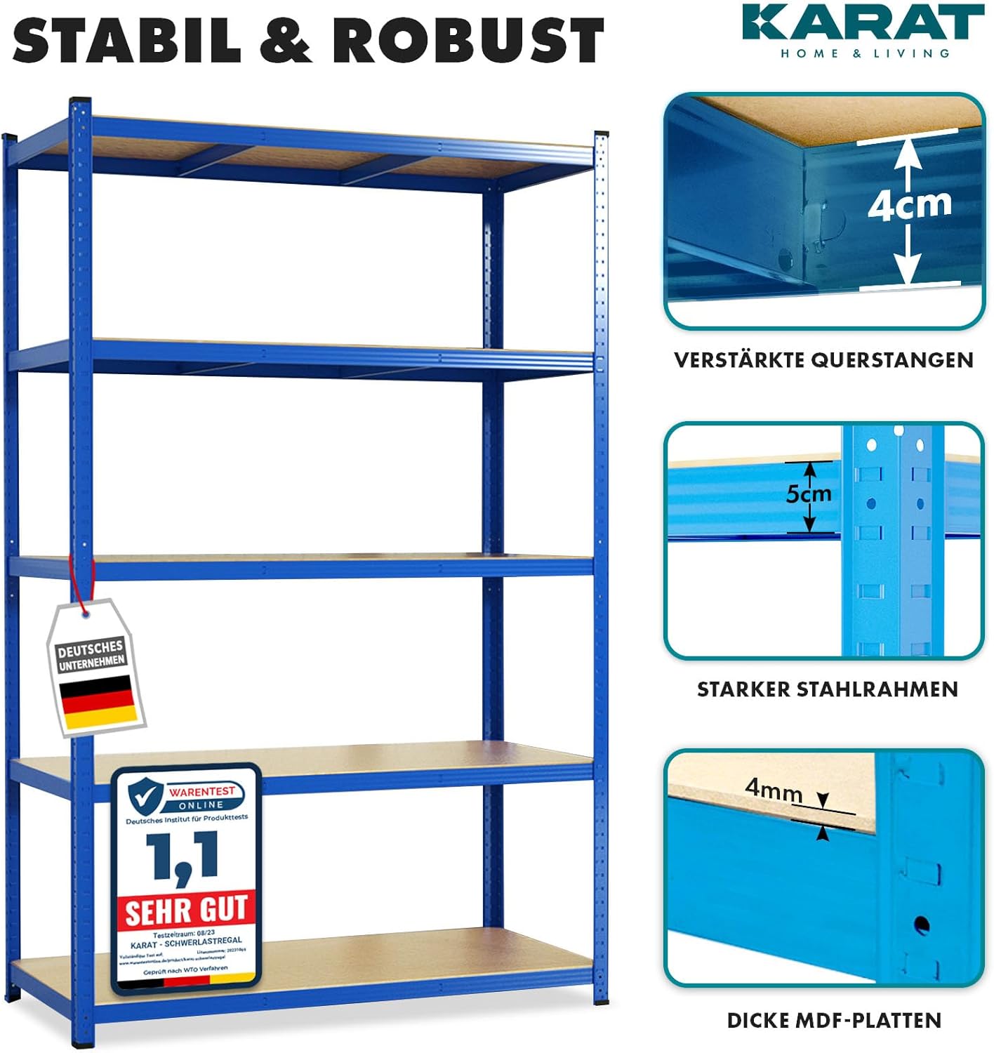 2er-Set Schwerlastregal mit 5 Böden, 150 x 75 x 30 cm Blau