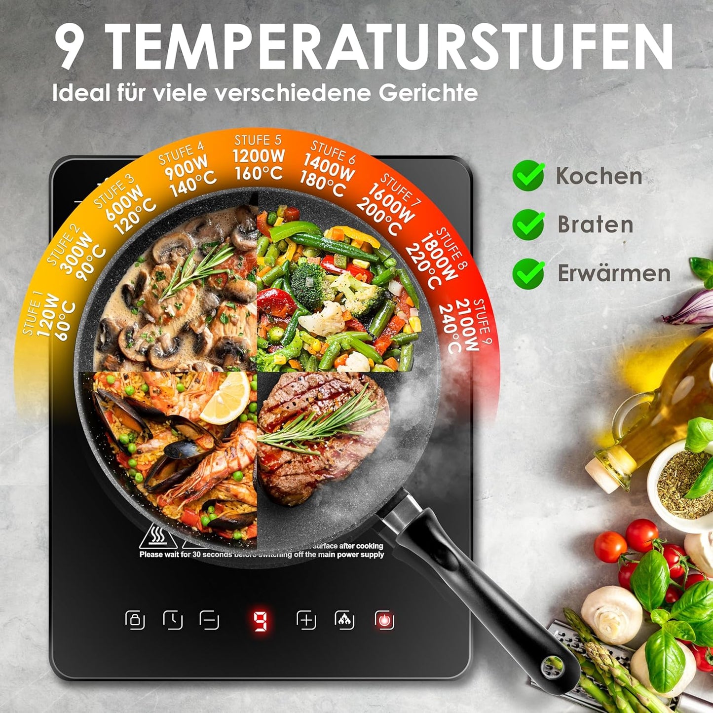 Induktionskochplatte mit Rezeptbuch und Mikrofasertüchern