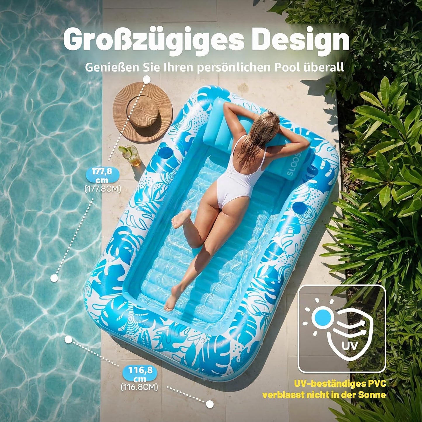 Aufblasbarer 4-in-1 Sonnenliegepool mit Kissen und Getränkehalter, Blau L