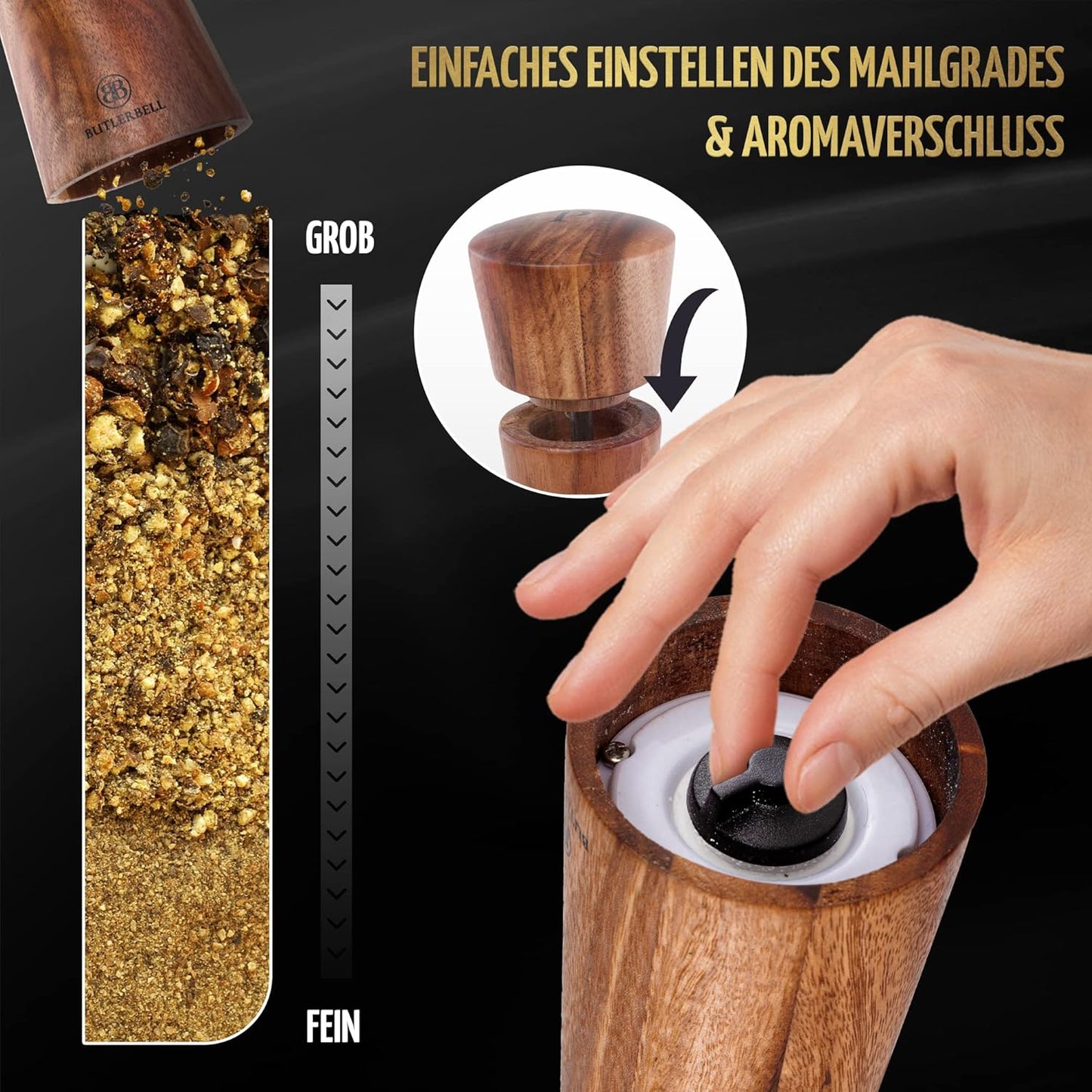 Salz und Pfeffermühle mit Untersetzer, Salz und Pfeffermühle - Deutsch