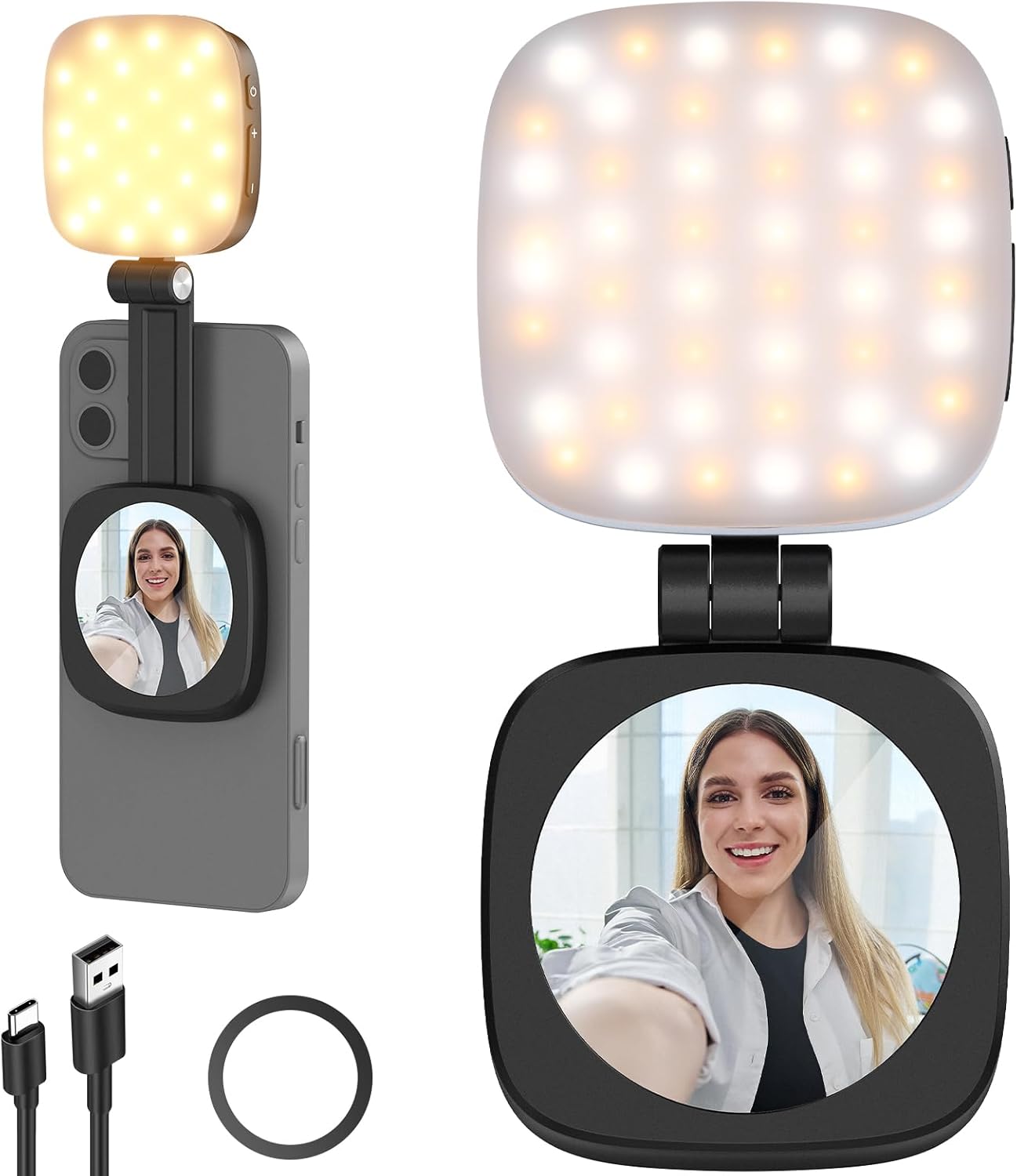 Magnetisches Selfie-Licht mit Ständer und Spiegel, NL48B Schwarz