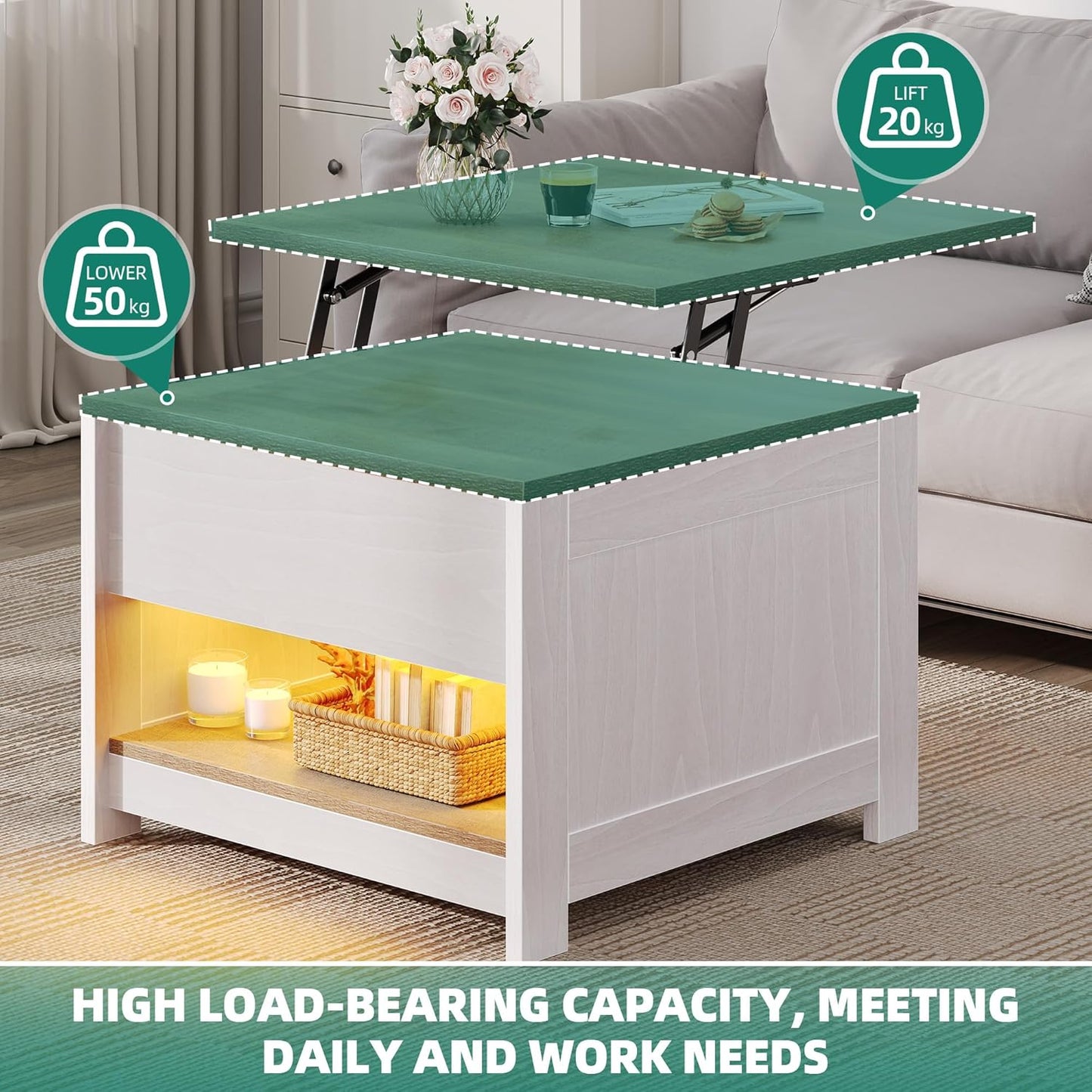 Couchtisch mit Hebeplatte und LED-Beleuchtung, 60 x 60 x 45 cm ; Anhebbar mit LED