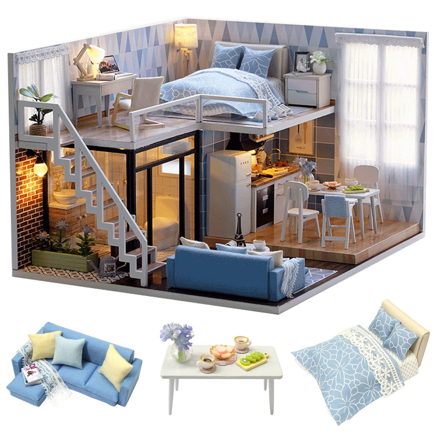 DIY Miniatur Puppenhaus mit Musik & LED Lichtern, Blassblaue Zeit