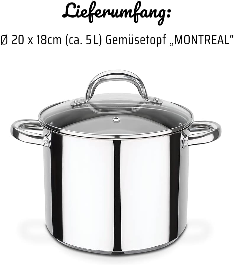 Gemüsetopf mit Glasdeckel 20cm, Edelstahl 5L, 20cm