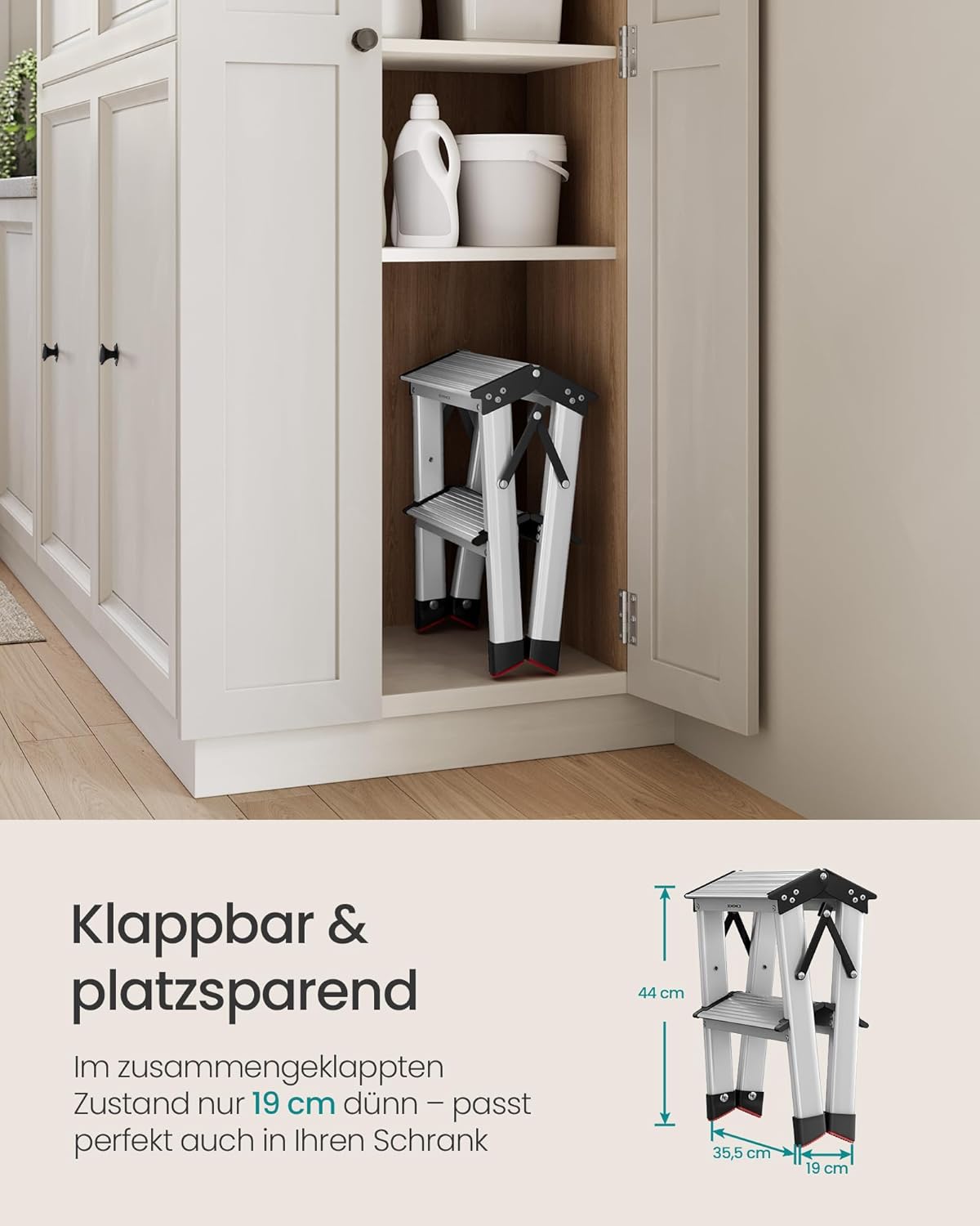 Klappbare Aluleiter mit 2 Stufen, bis 150 kg belastbar, 2 Stufen (45T x 35.5B x 38H cm)