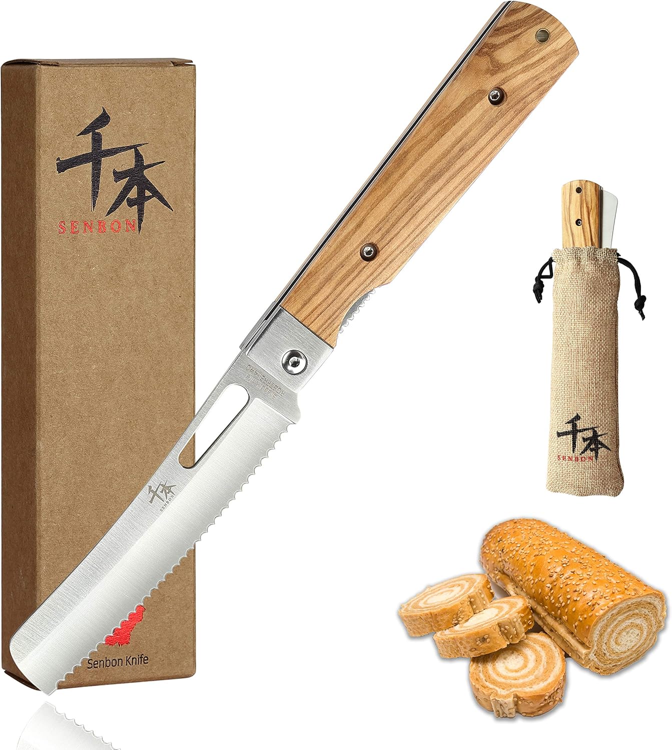 Faltbares Brotmesser mit Olivenholzgriff, Olivenholz Brotmesser