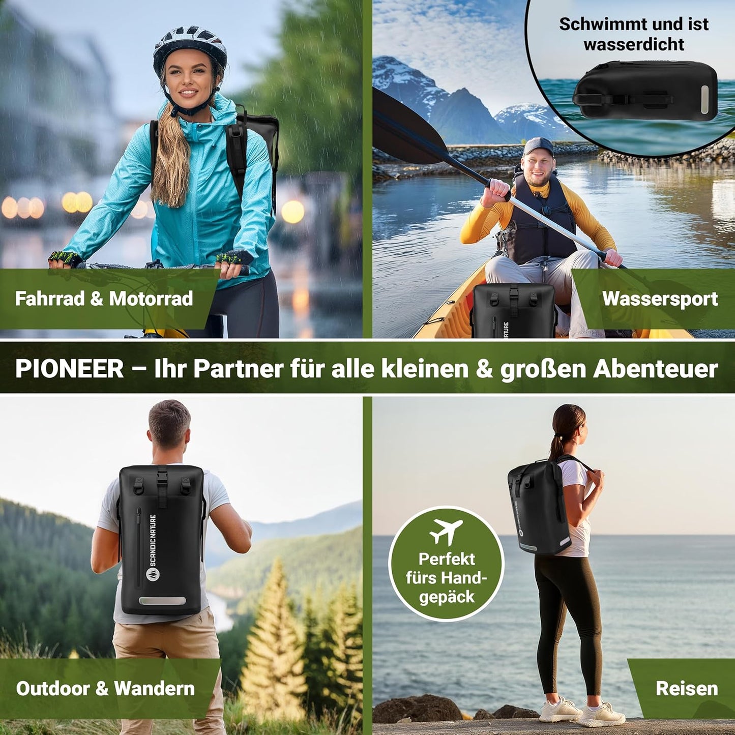 Wasserdichter Rucksack mit Rolltop-Verschluss und Handyhülle, Schwarz 35 Liter