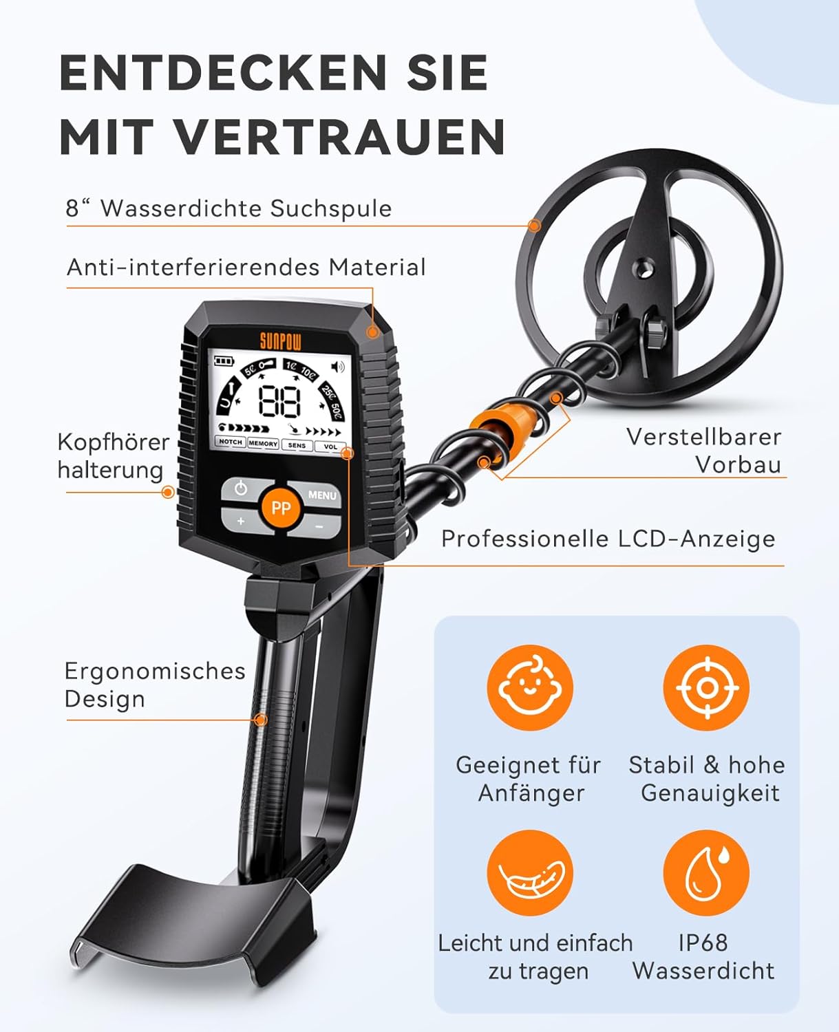 Metalldetektor-Set mit LCD und 4 Suchmodi, New-Schwarz
