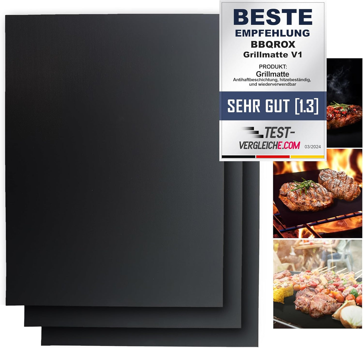 3er-Set Grillmatten, 3er Set - 50x40 cm bis zu 260°C Schwarz