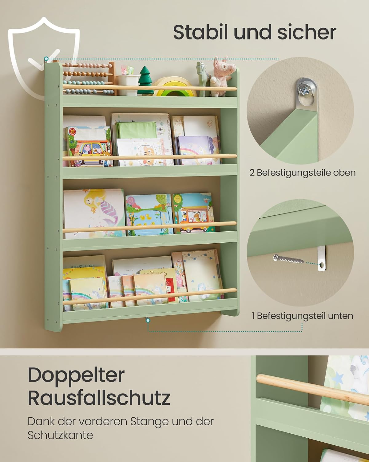 Kinderregal mit 4 Ebenen (80 cm), Lorbeergrün + Naturfarben 4 Ebenen (80 cm)