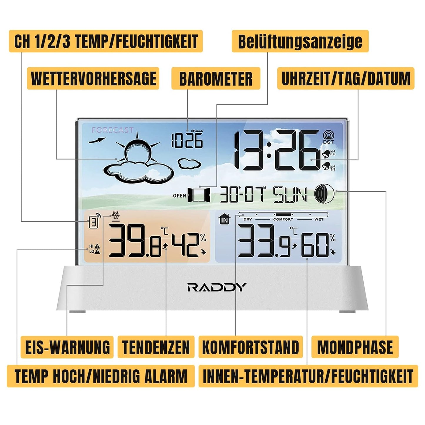 Wetterstation DT6 mit DCF Funkuhr und Barometer, Weiss