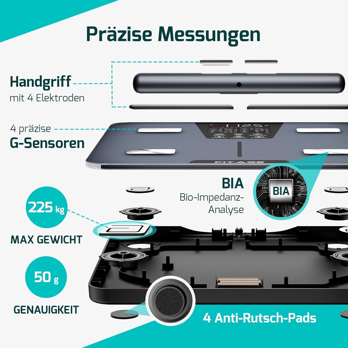 Körperanalysewaage mit App und Handsensoren, Handgriff