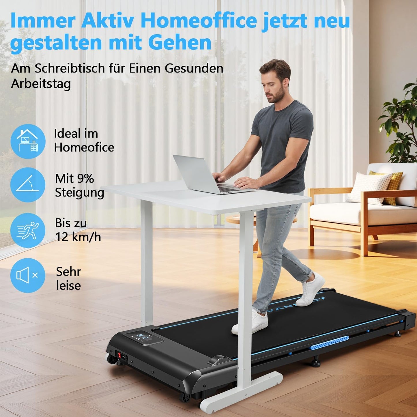 Walking Pad mit Fernbedienung und LED-Anzeige, Schwarz+Blau