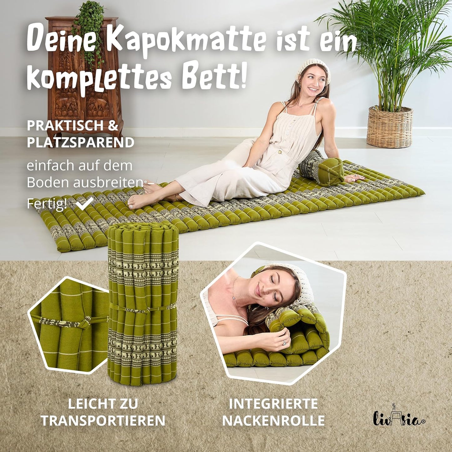 Rollmatratze Gästebett für 1 Person (200x75x4,5cm), M (200 x 75 cm) Grün/Elefanten