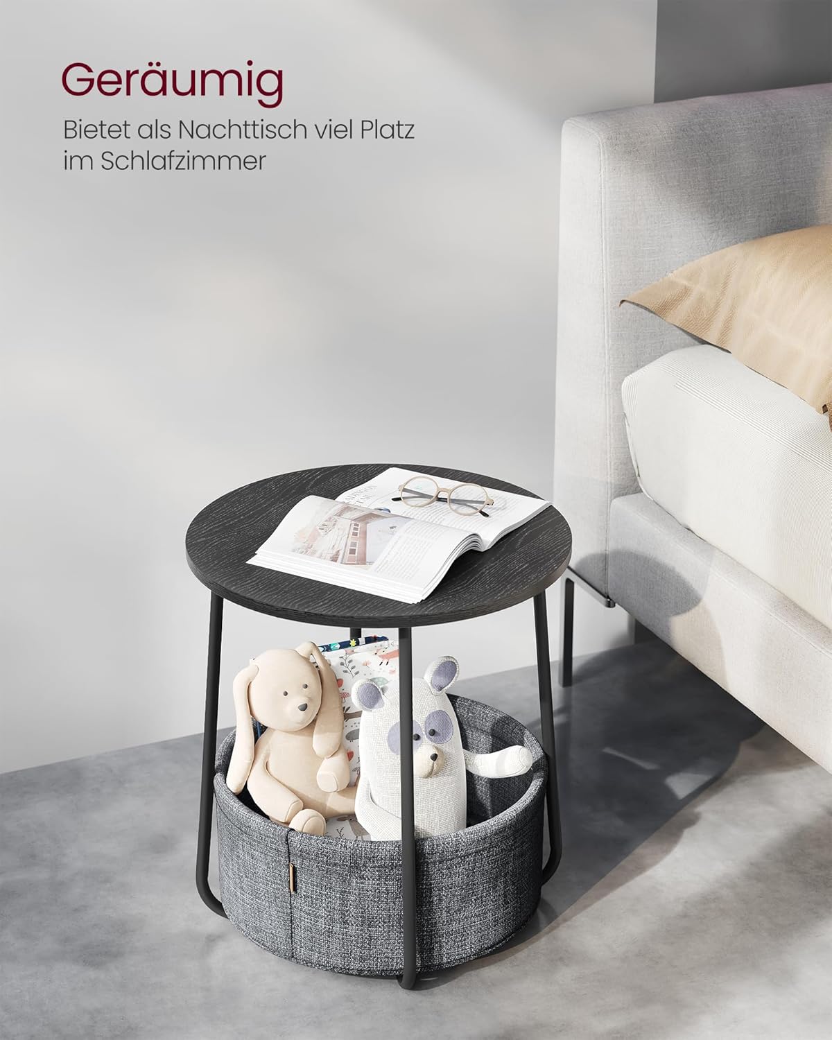 Runder Beistelltisch Smarty mit Stauraumkorb, Ebenholzschwarz + Schiefergrau