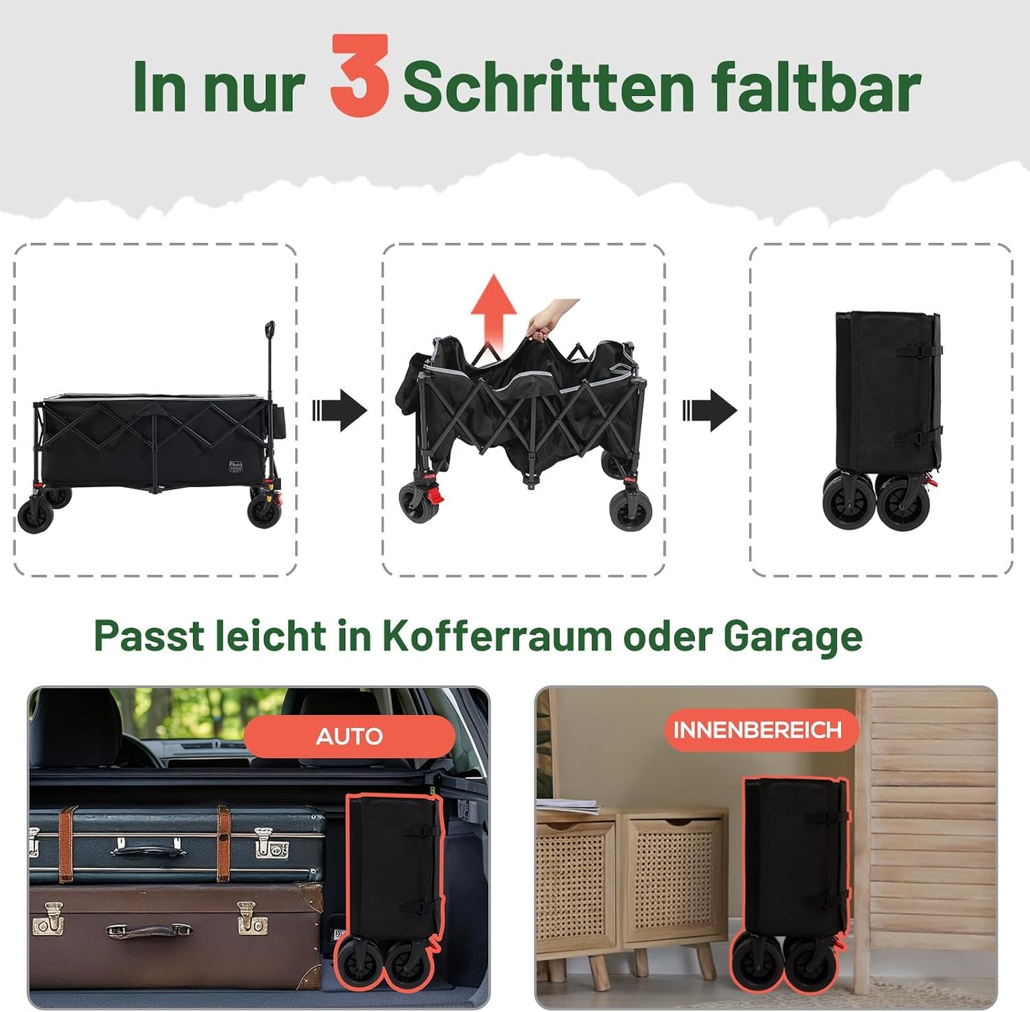 Faltbarer Bollerwagen mit All-Terrain Rädern 150kg, Schwarz