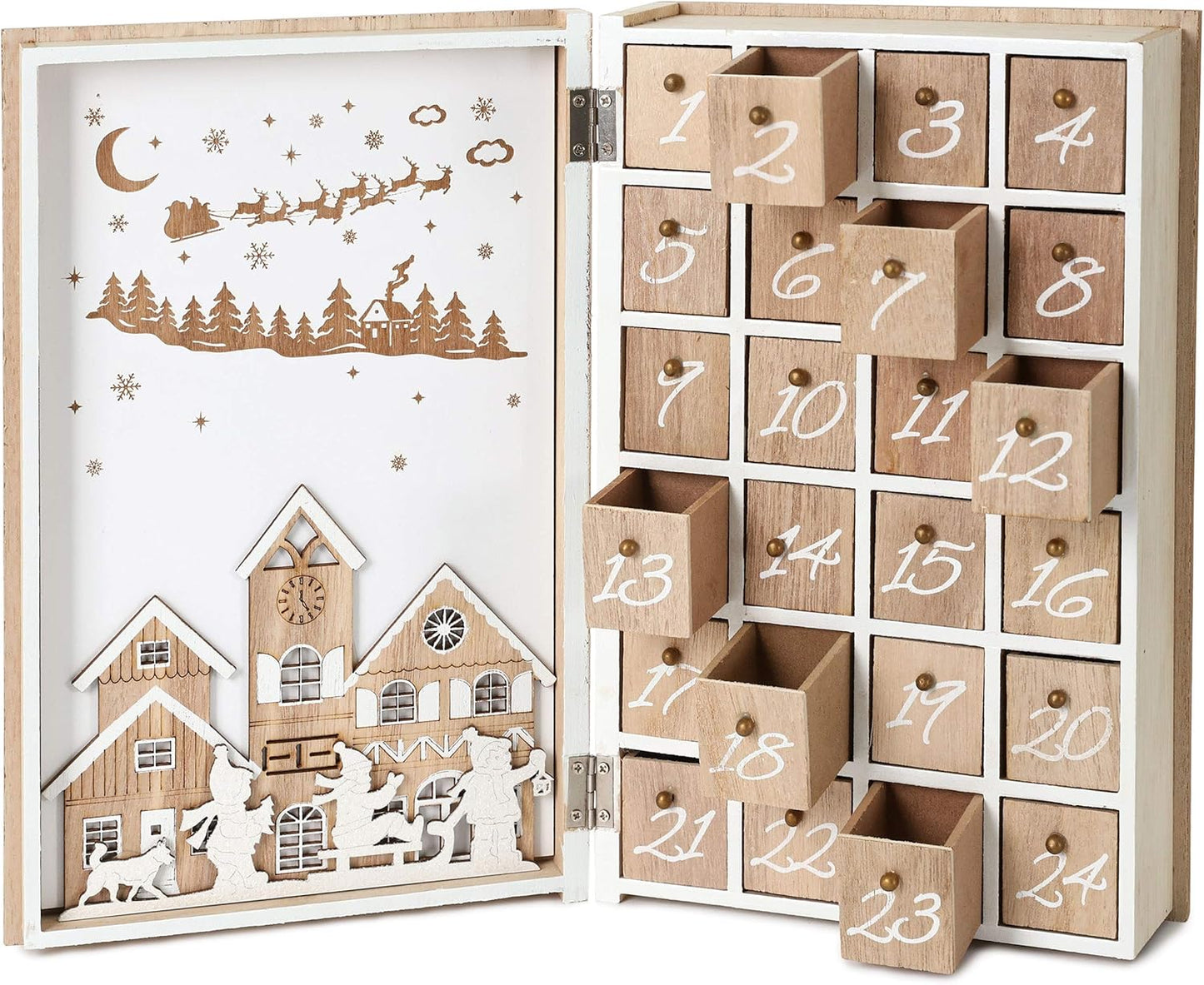 Adventskalender aus Holz zum Befüllen, Merry Christmas Buch