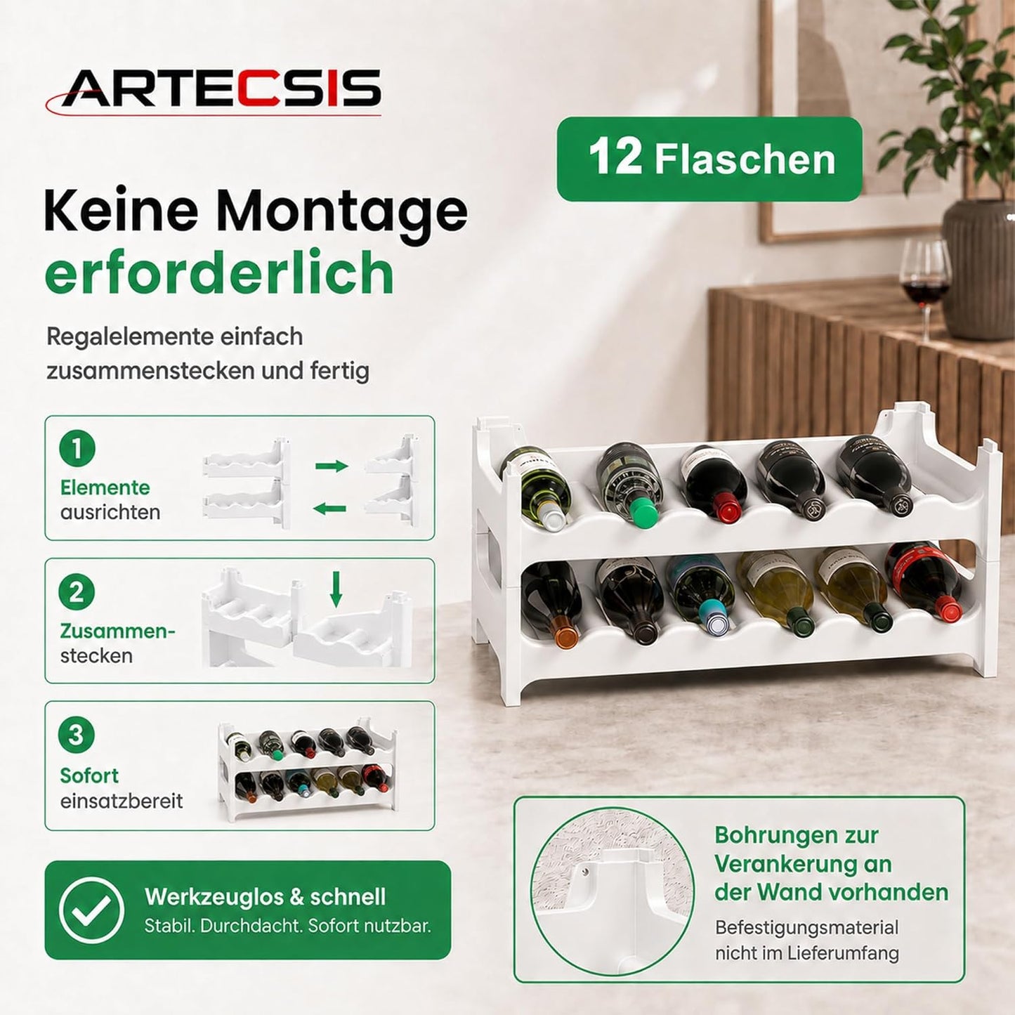 Weinregal für 12 Flaschen, Weiss 12 Flaschen