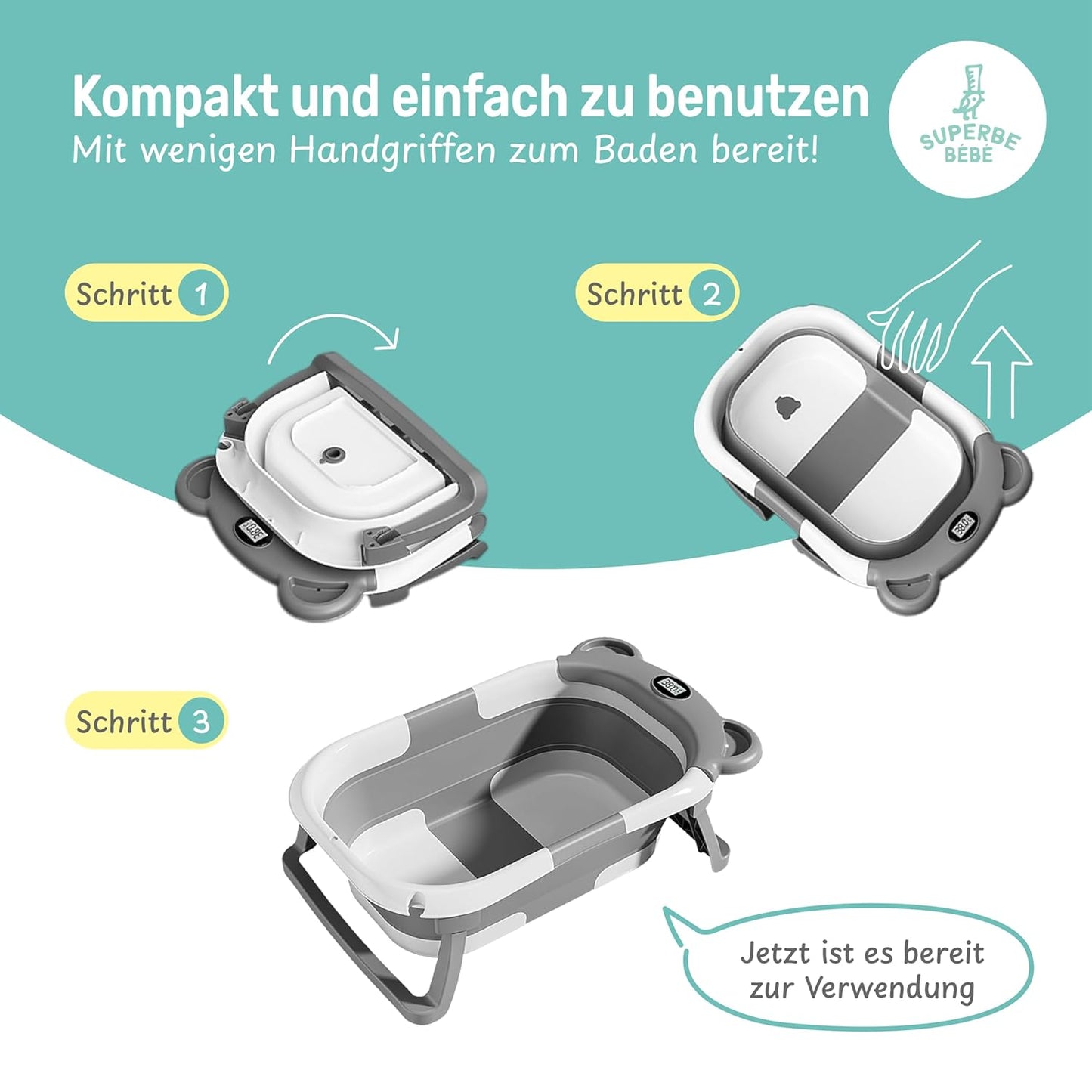 Faltbare Babywanne mit Badethermometer, 2 x faltbar Bear GRAU