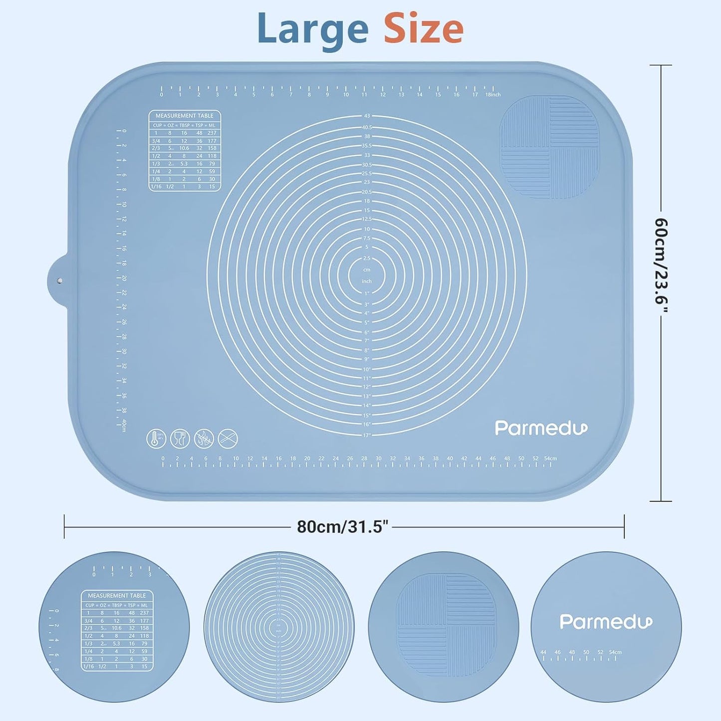 Extra Grosse Silikon-Teigmatte mit Teigschneider, 80 x 60cm Blau