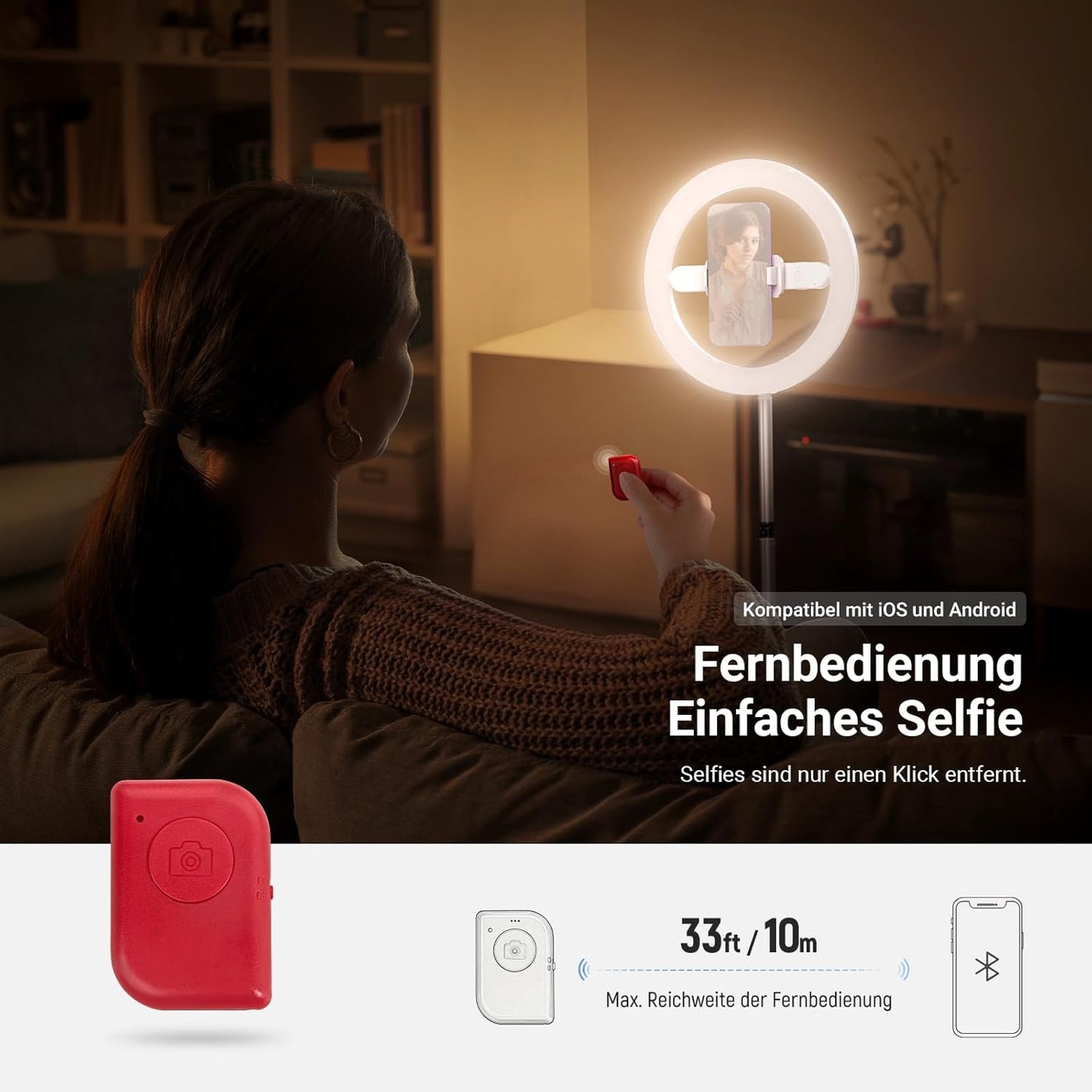 LED-Ringlicht mit Stativ & Handyhalter, Weiss 10" mit Bodenständer