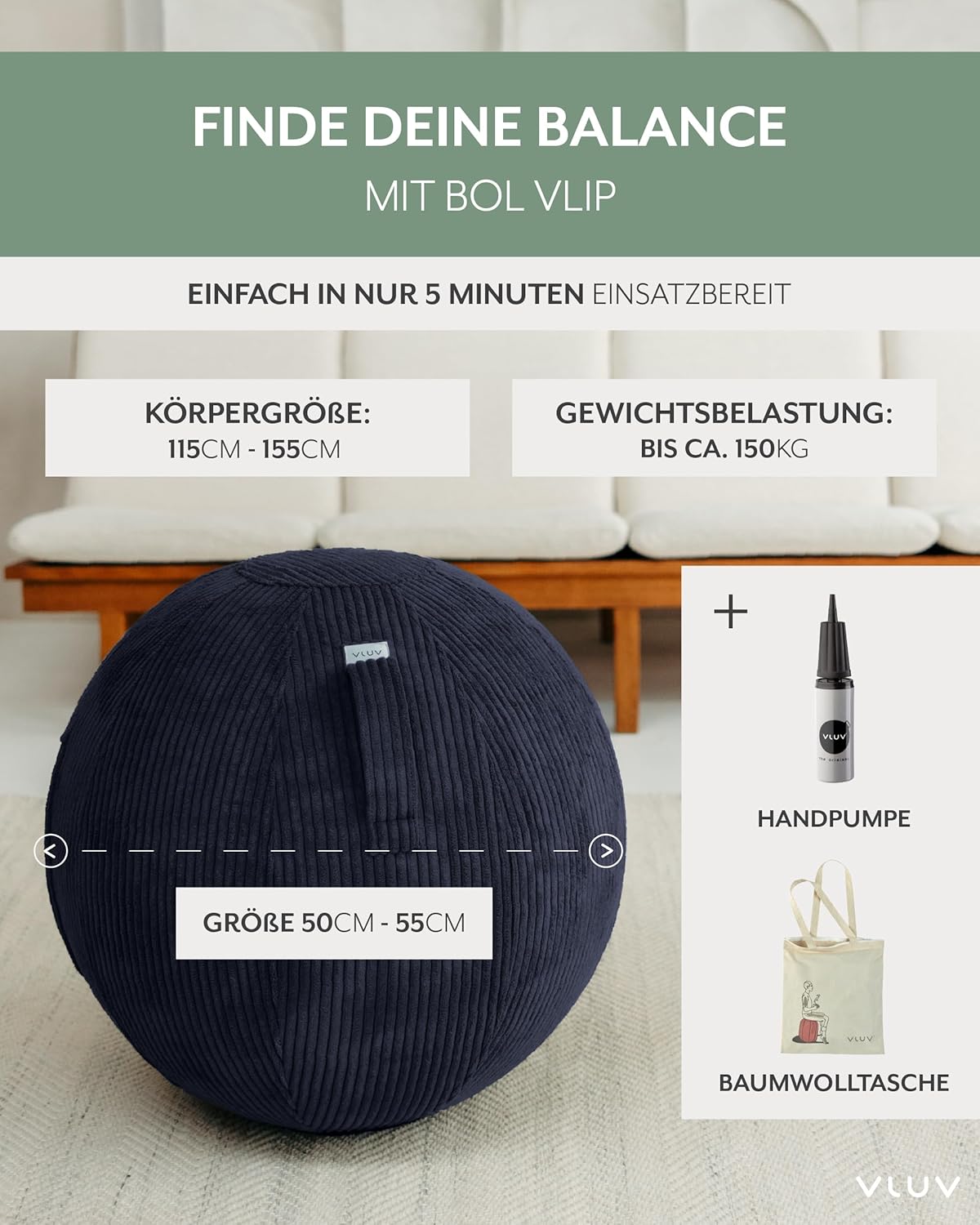Ergonomischer Sitzball Vlip, Navy 50 - 55cm
