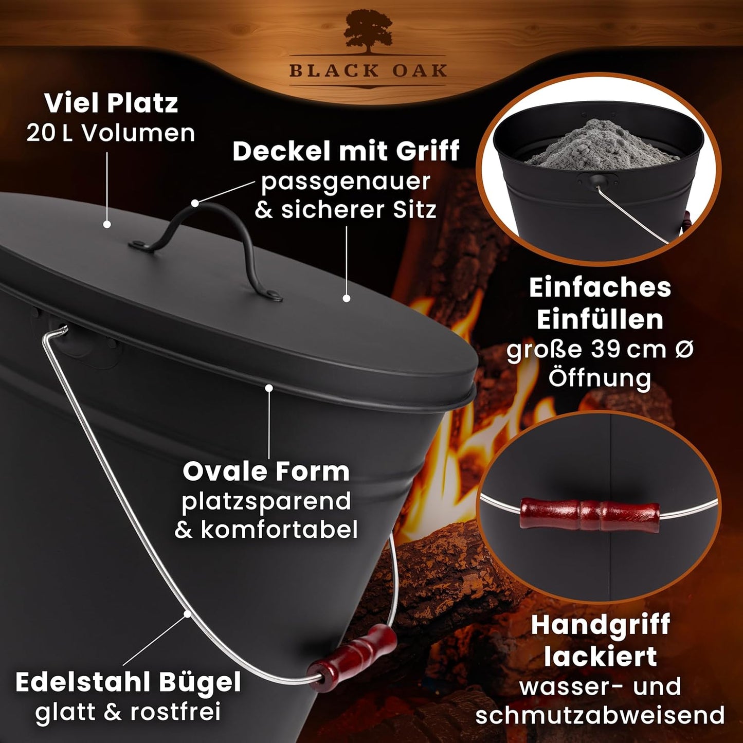 Ascheeimer Vesuvio mit Deckel, feuerfest, Vesuvio 20L