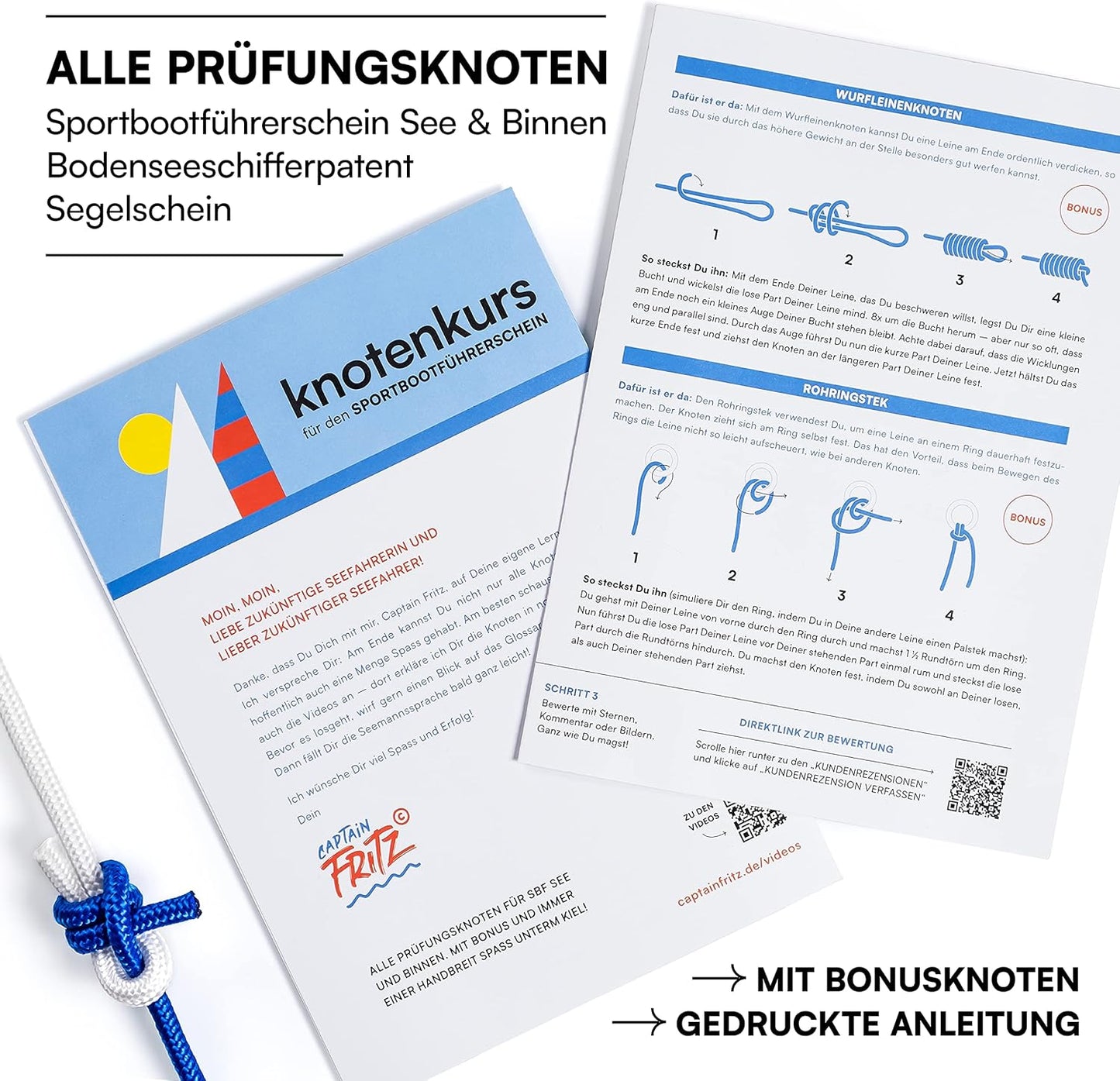 Knoten Übungsset mit Lernvideos für Bootsführerscheine, Anleitung nachhaltig produziert; Verpackung zertifiziert nach FSC® - Forest Stewardship Council.