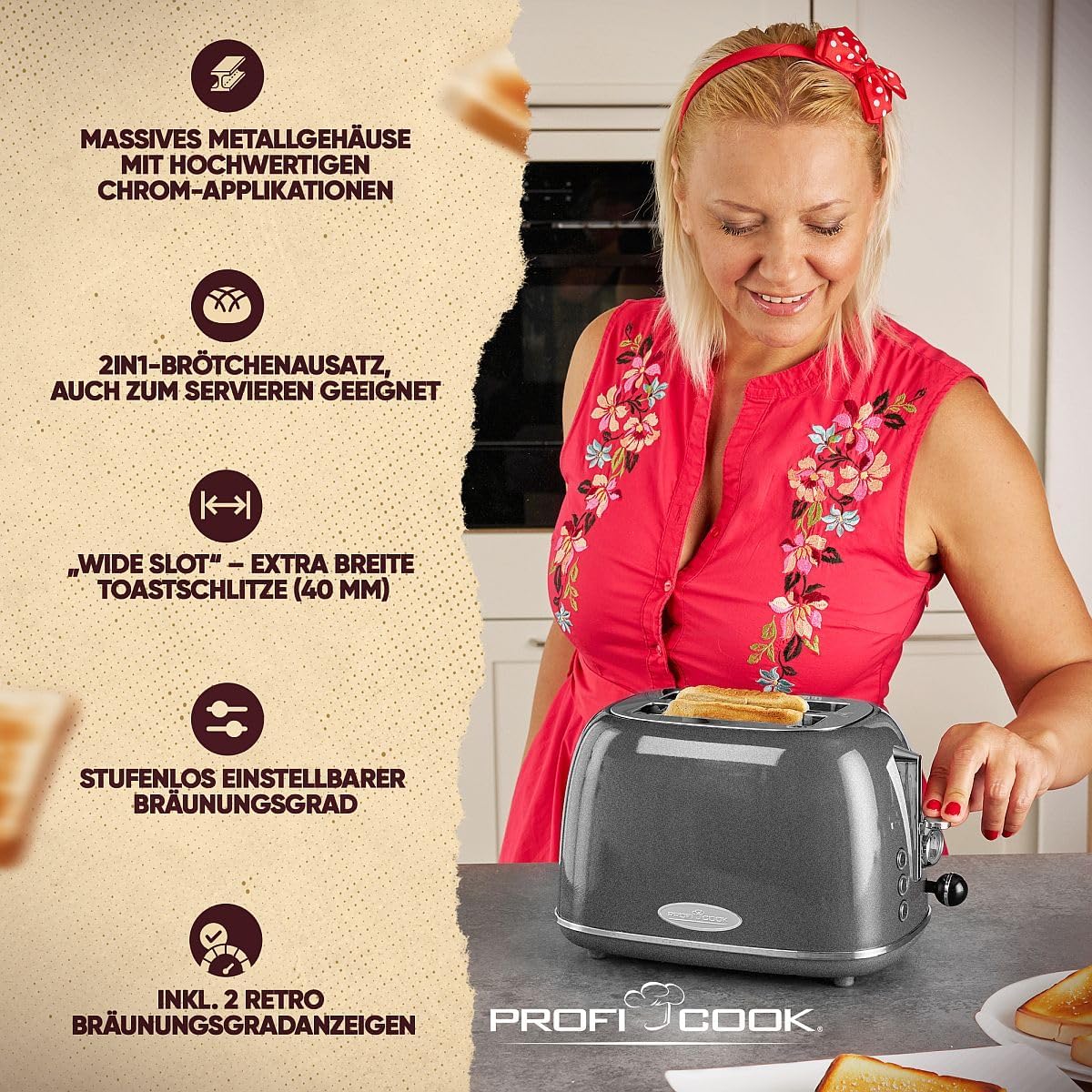 2-Scheiben-Toaster im Vintage-Look mit Brötchenaufsatz