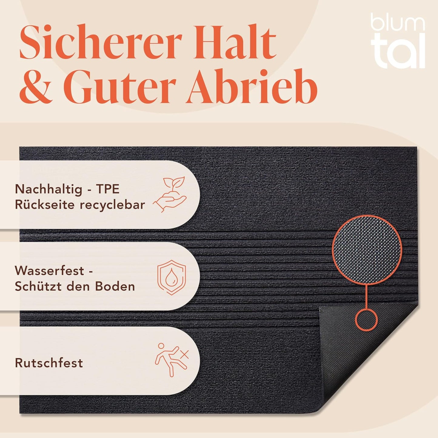 Rutschfeste Fussmatte, 60x90cm Anthrazit Streifen