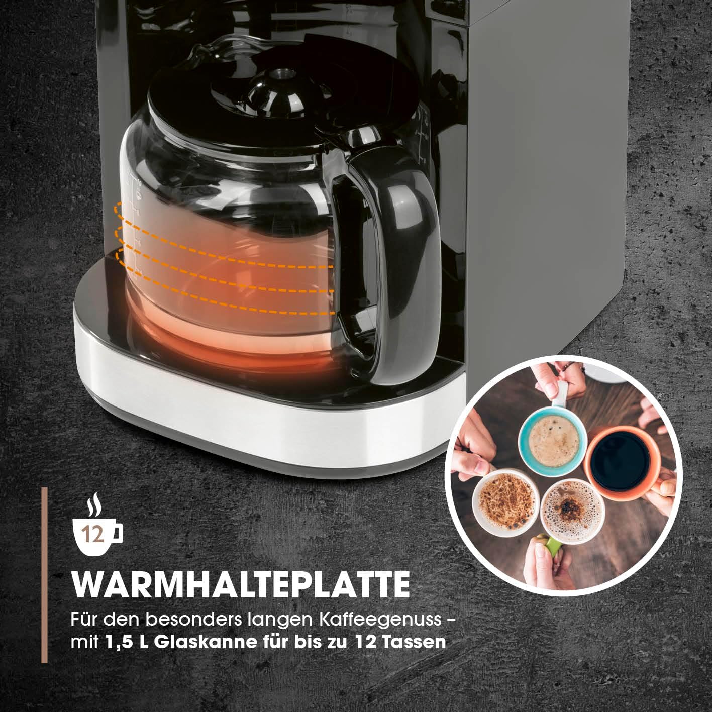 Filterkaffeemaschine für 10 Tassen, 6) Edelstahl - Glaskanne - mit Mahlwerk