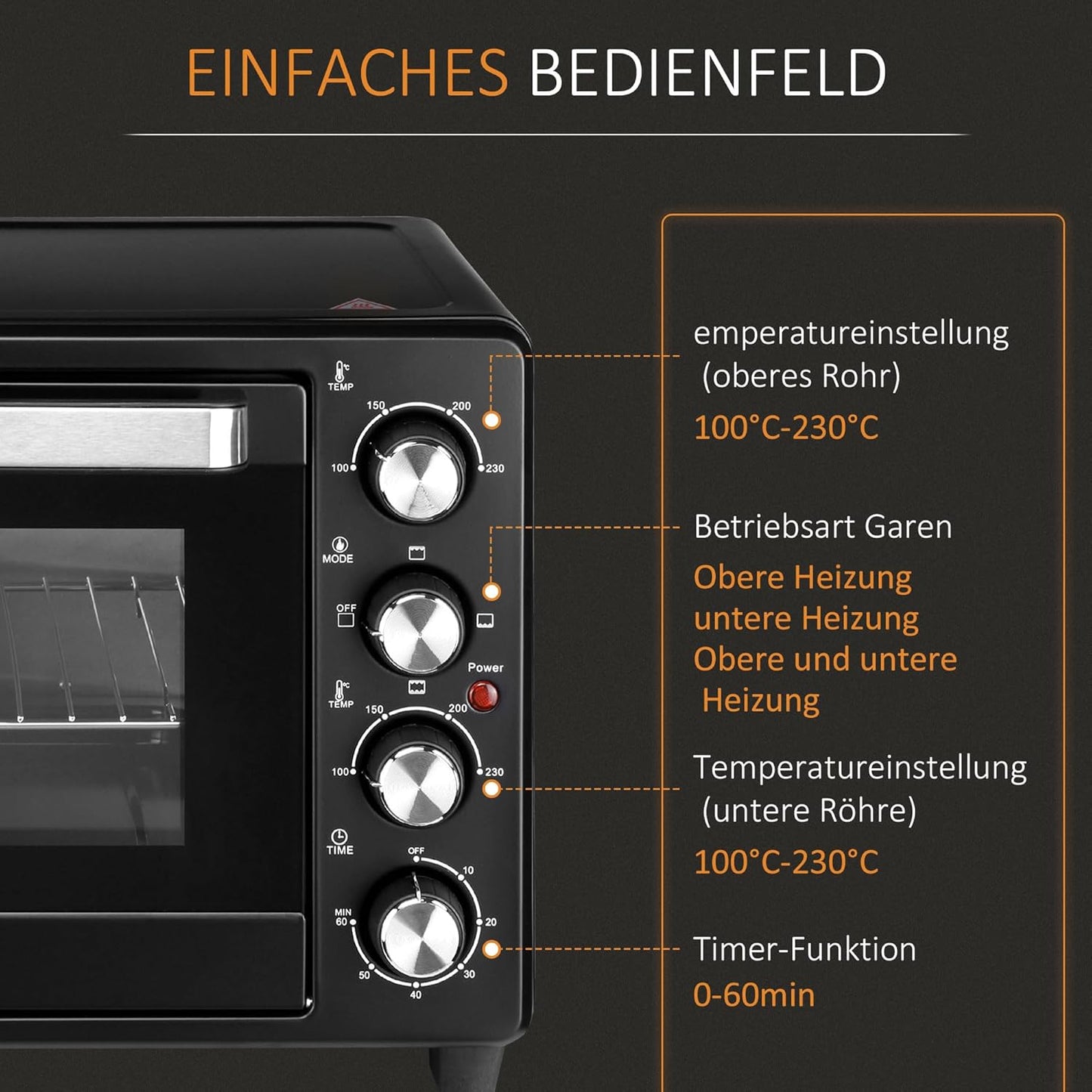 Mini-Backofen mit Timer und 3 Kochmodi, Schwarz