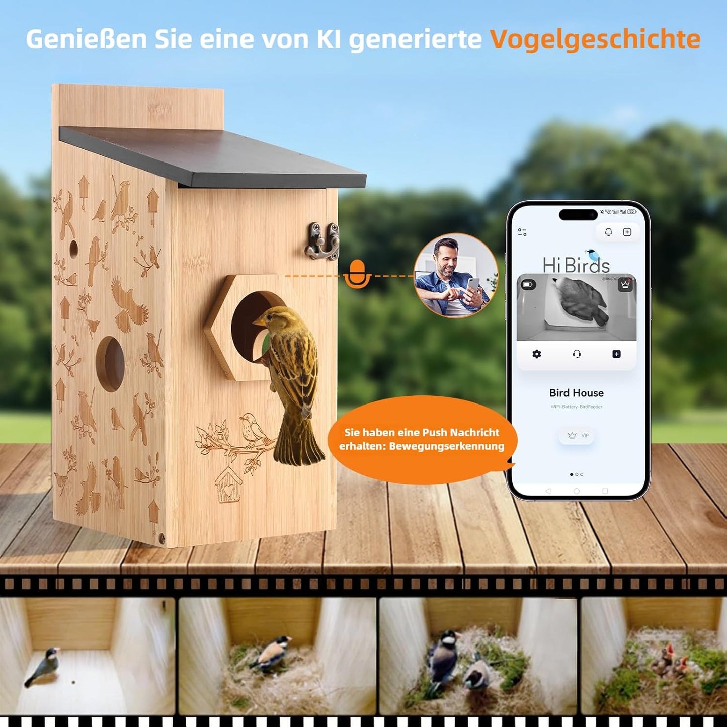 Nistkasten mit Kamera & Solar, Bambus Vogelhaus Solar Kamera