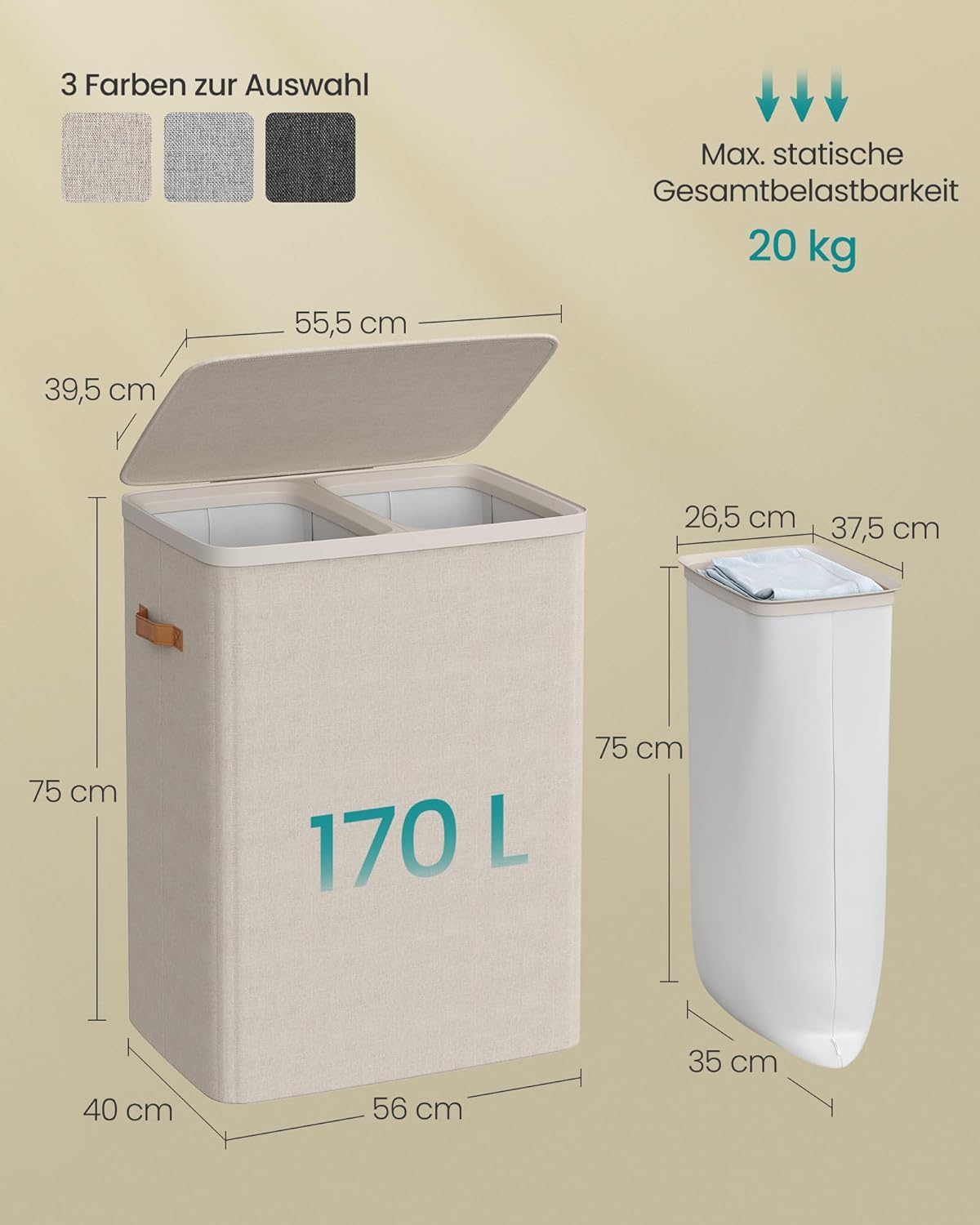 Wäschesammler mit 2 Fächern und Deckel, 170 L Cappuccinobeige