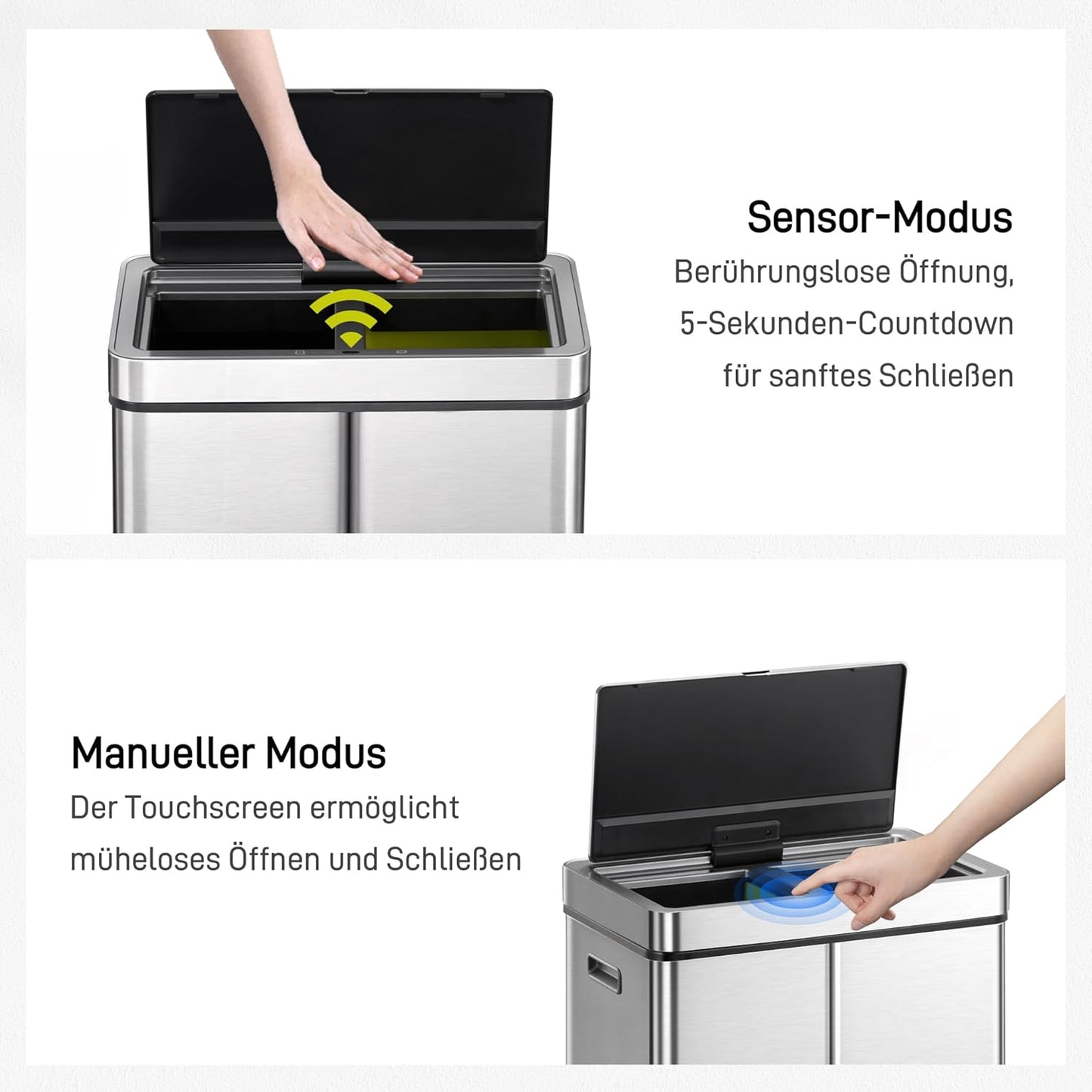 Mülltrennsystem mit 3 Fächern, 30+15+15 Liter-Edelstahl