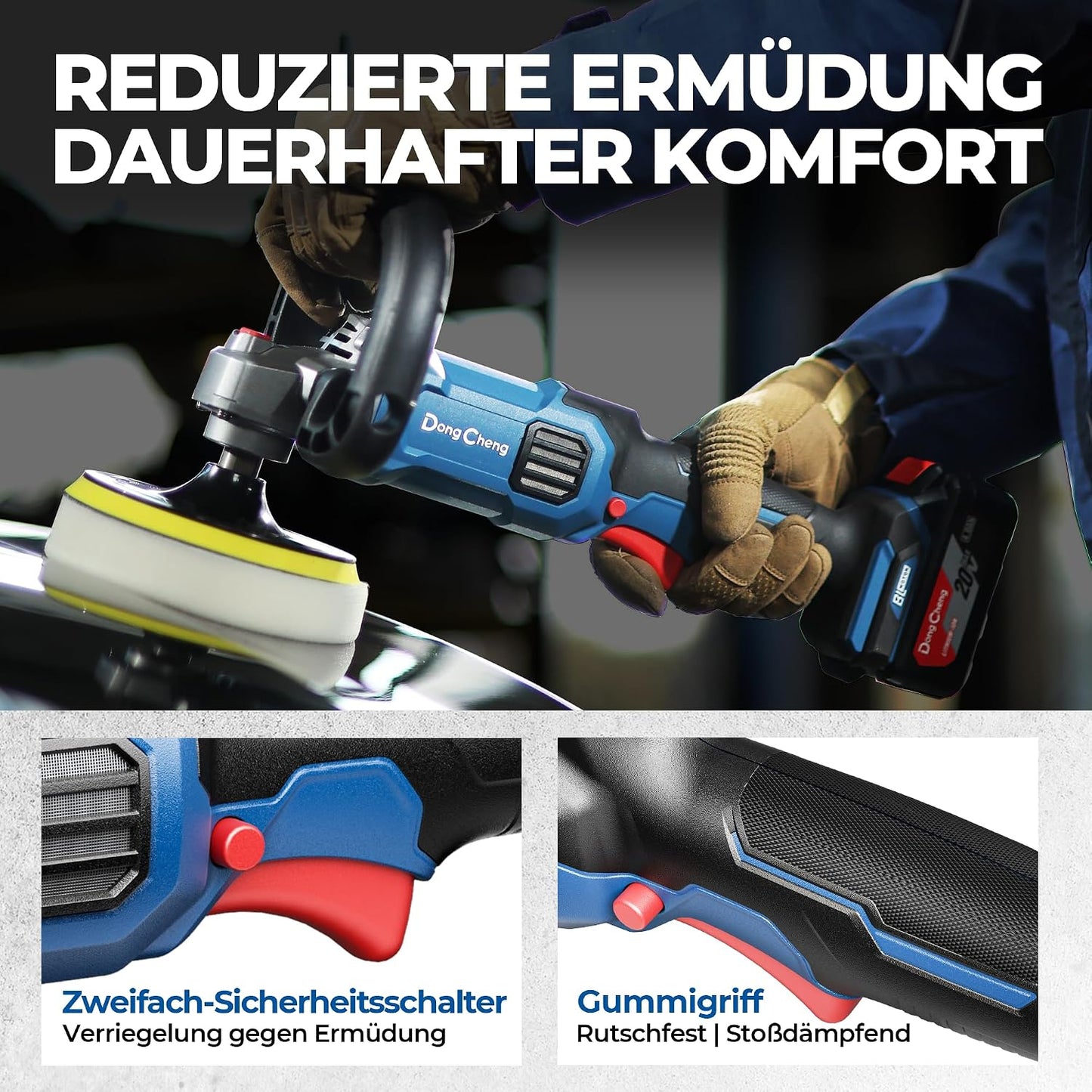Akku-Poliermaschine Set mit Sanftanlauf und Drehzahlregelung, 2x 4,0Ah Akku