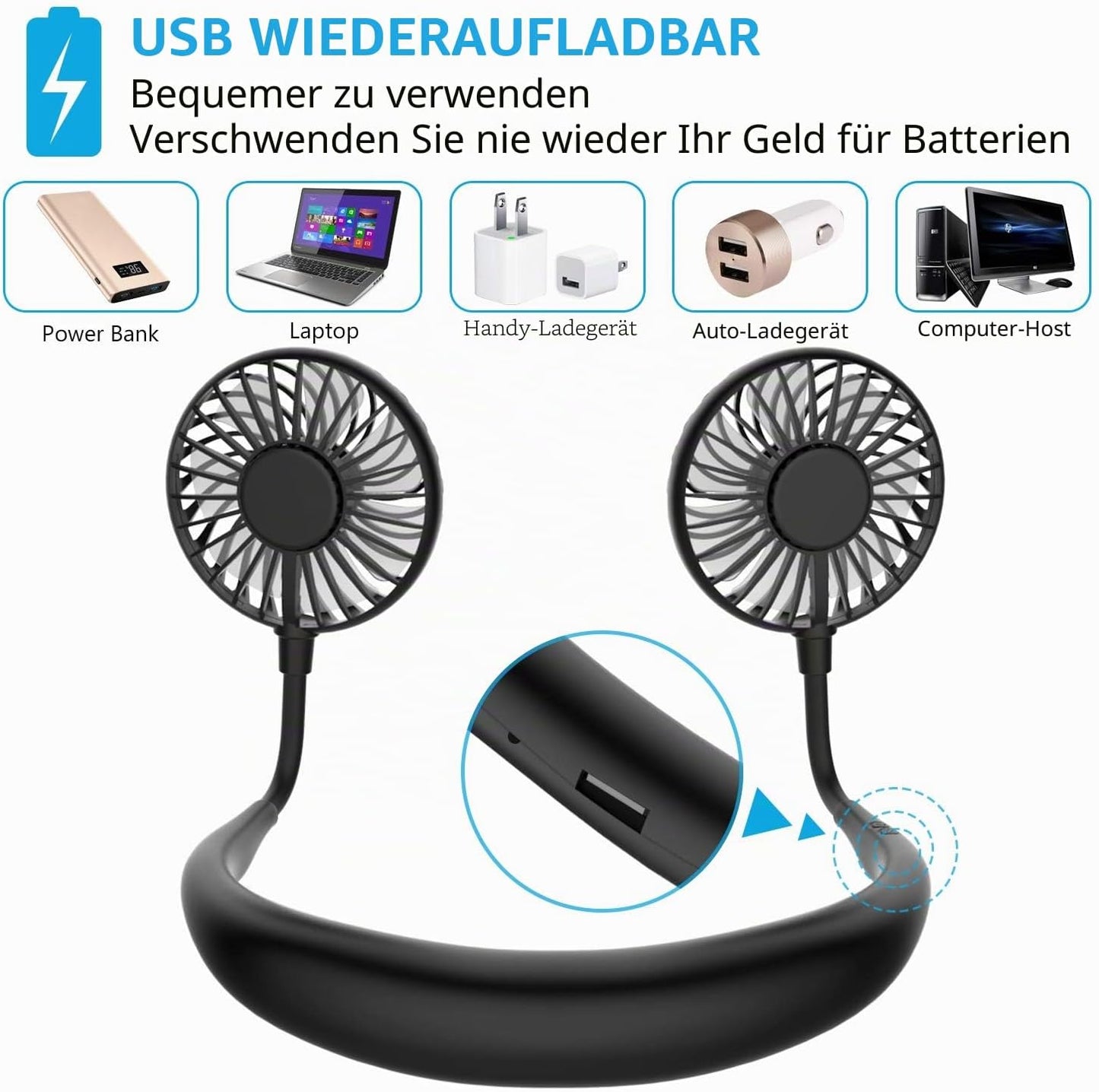 Tragbare Nackenventilator, Alles Schwarz