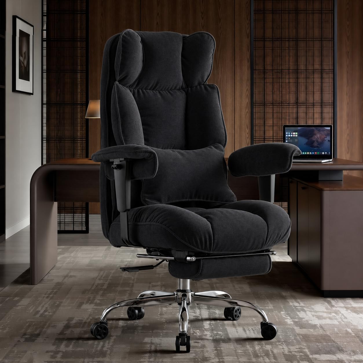 Ergonomischer Stoff-Bürostuhl mit Fussstütze, Schwarz