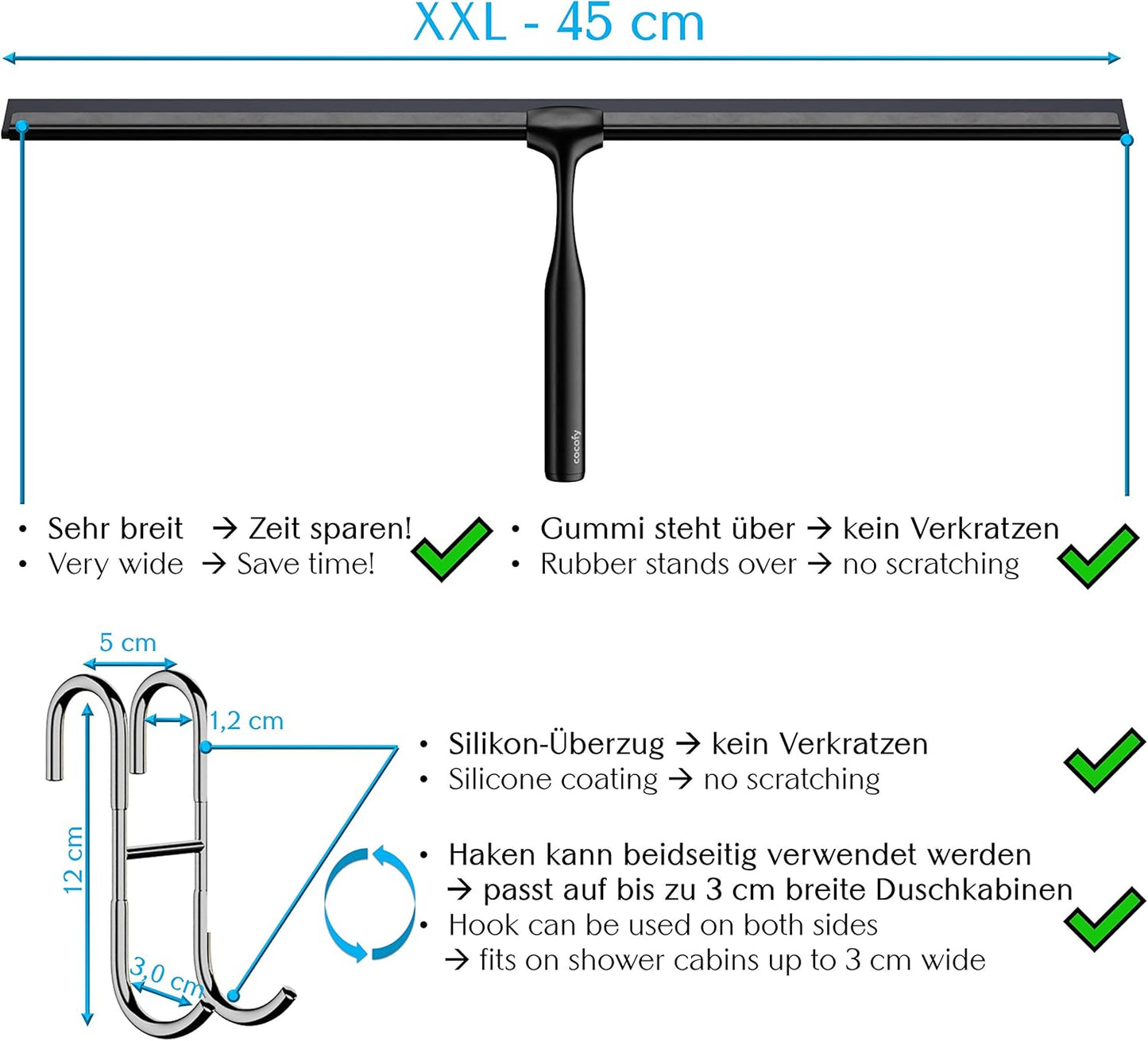 Duschabzieher XXL 45 cm ohne Bohren mit Zubehör, Mattschwarz 45 cm breit