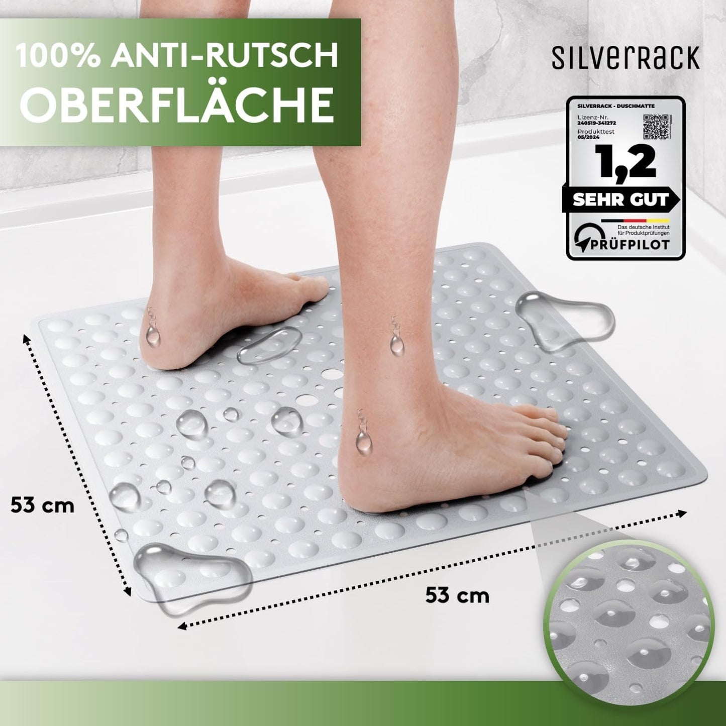 Rutschfeste Duschmatte (53x53 cm), 53 x 53 cm (Quadratisch) Grau