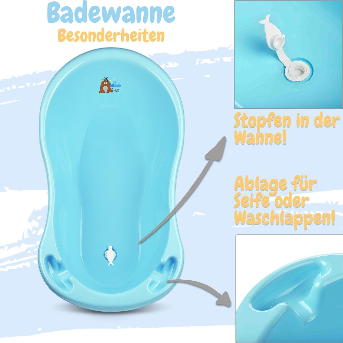 5-teiliges Babybadewannen-Set mit Ständer, Bärchenmotiv, 5 - Set Bärchen - blau