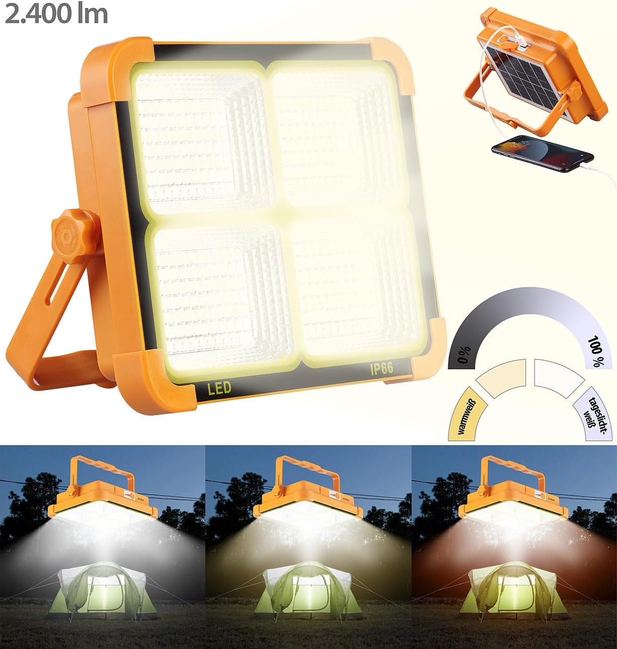 LED-Baustrahler mit Akku & Solar, Orange, 1er