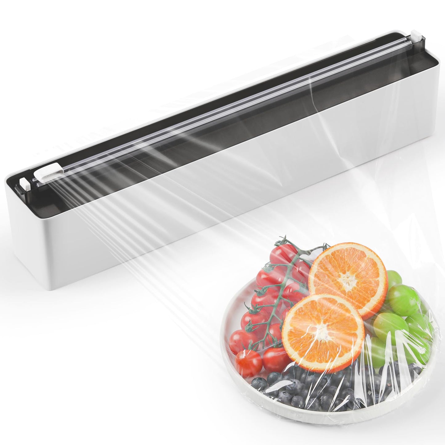 Frischhaltefolienspender mit Cutter & Magnetbefestigung, Schwarz (Transluzenter Kunststoffdeckel)