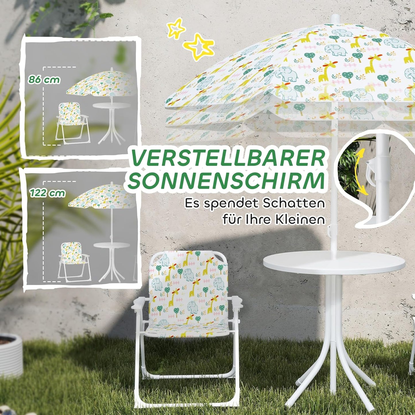 Garten-Kindersitzgruppe Stahl, Polyester Weiss, Weiss-elefanten- und Giraffenmuster